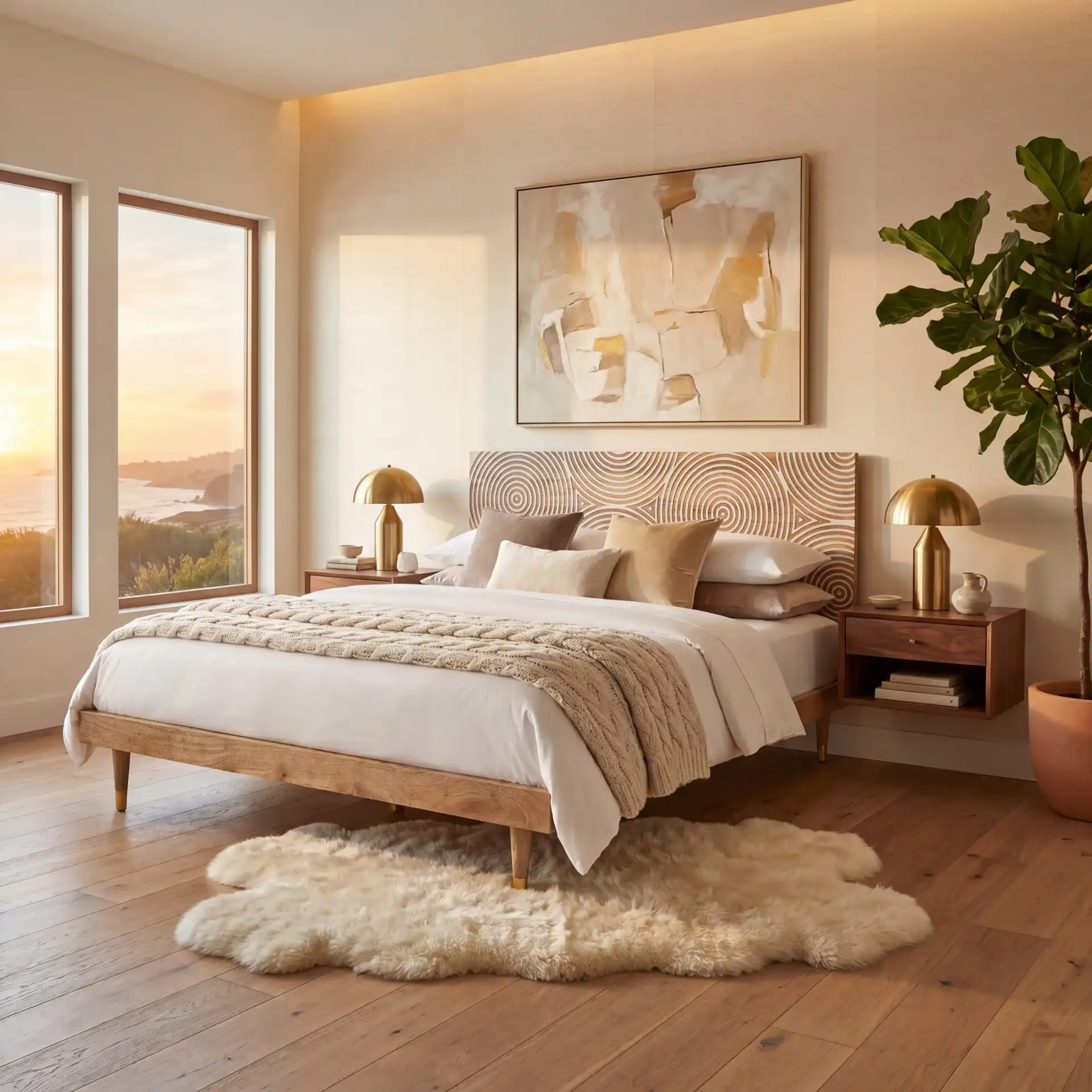 Dalvin Wood Platform Bed in Natural in a styled room