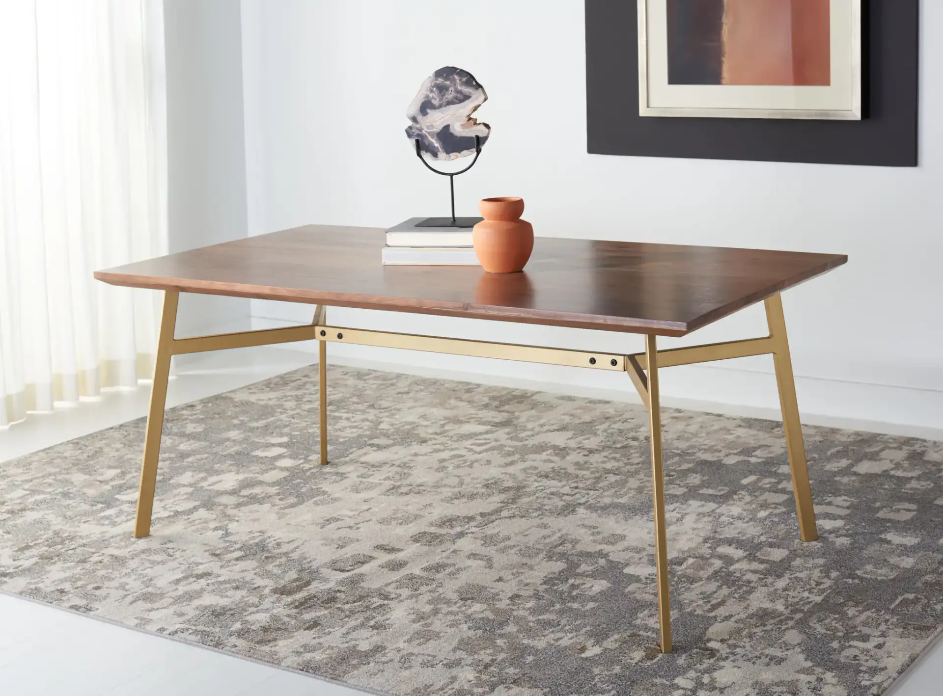 Dakota Rectangle Dining Table in Walnut / Gold in a styled room