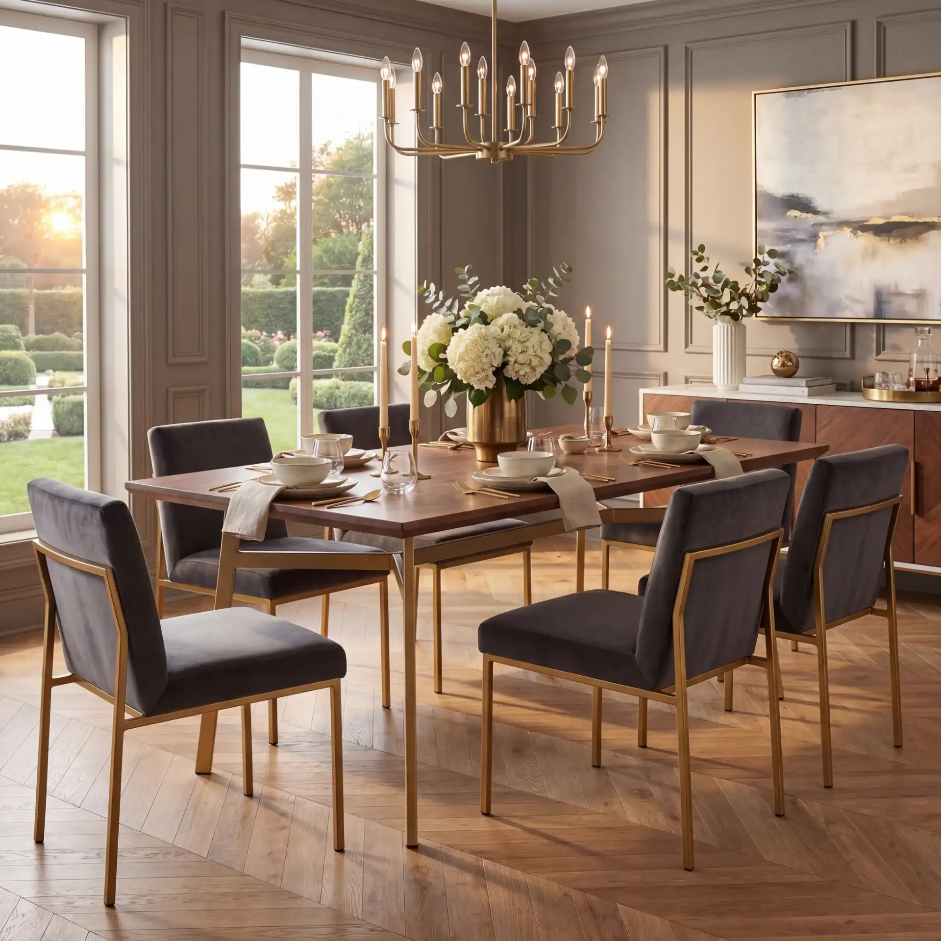 Dakota Rectangle Dining Table in Walnut / Gold in a styled room