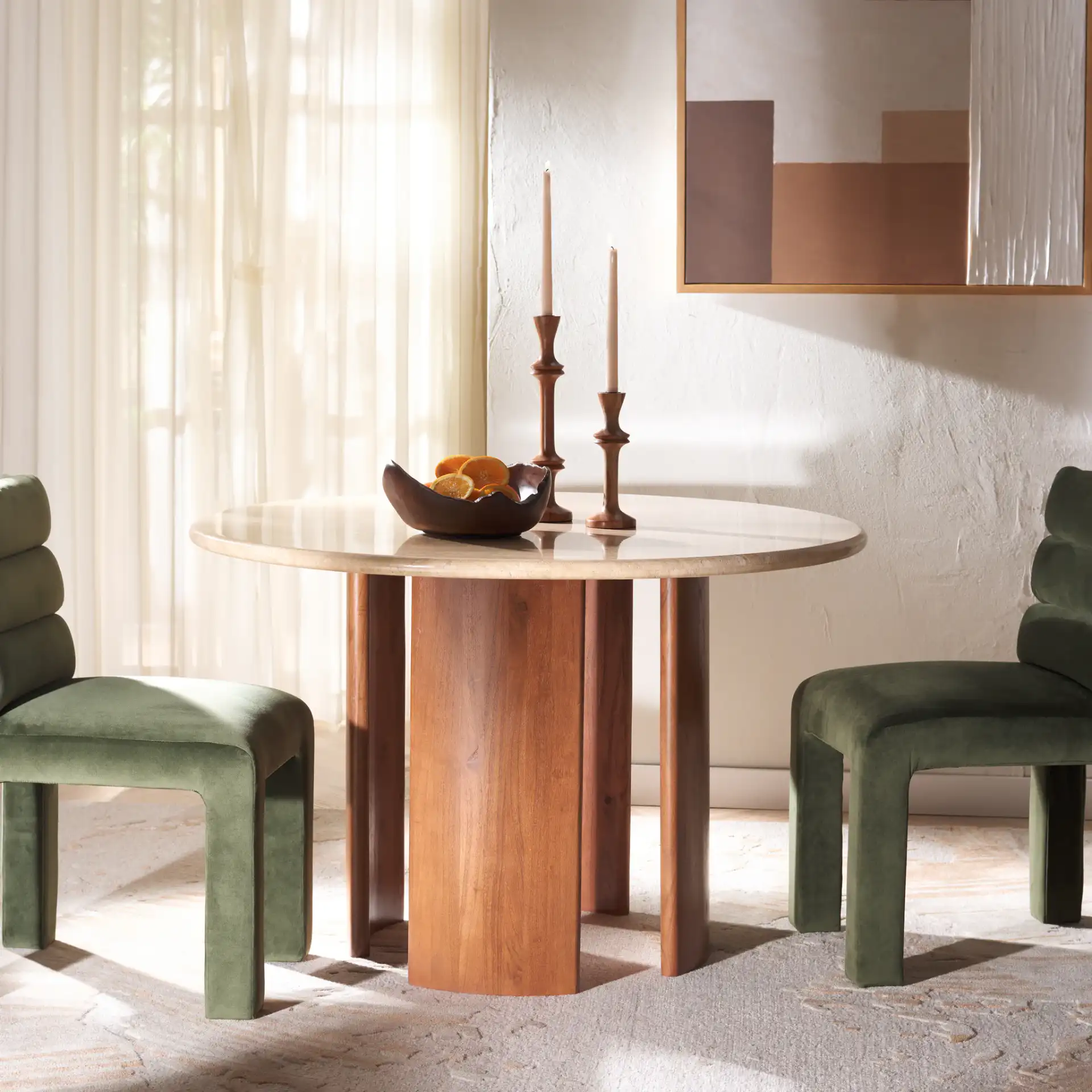 Trinsly Travertine Dining Table in Natural / Travertine in a styled room