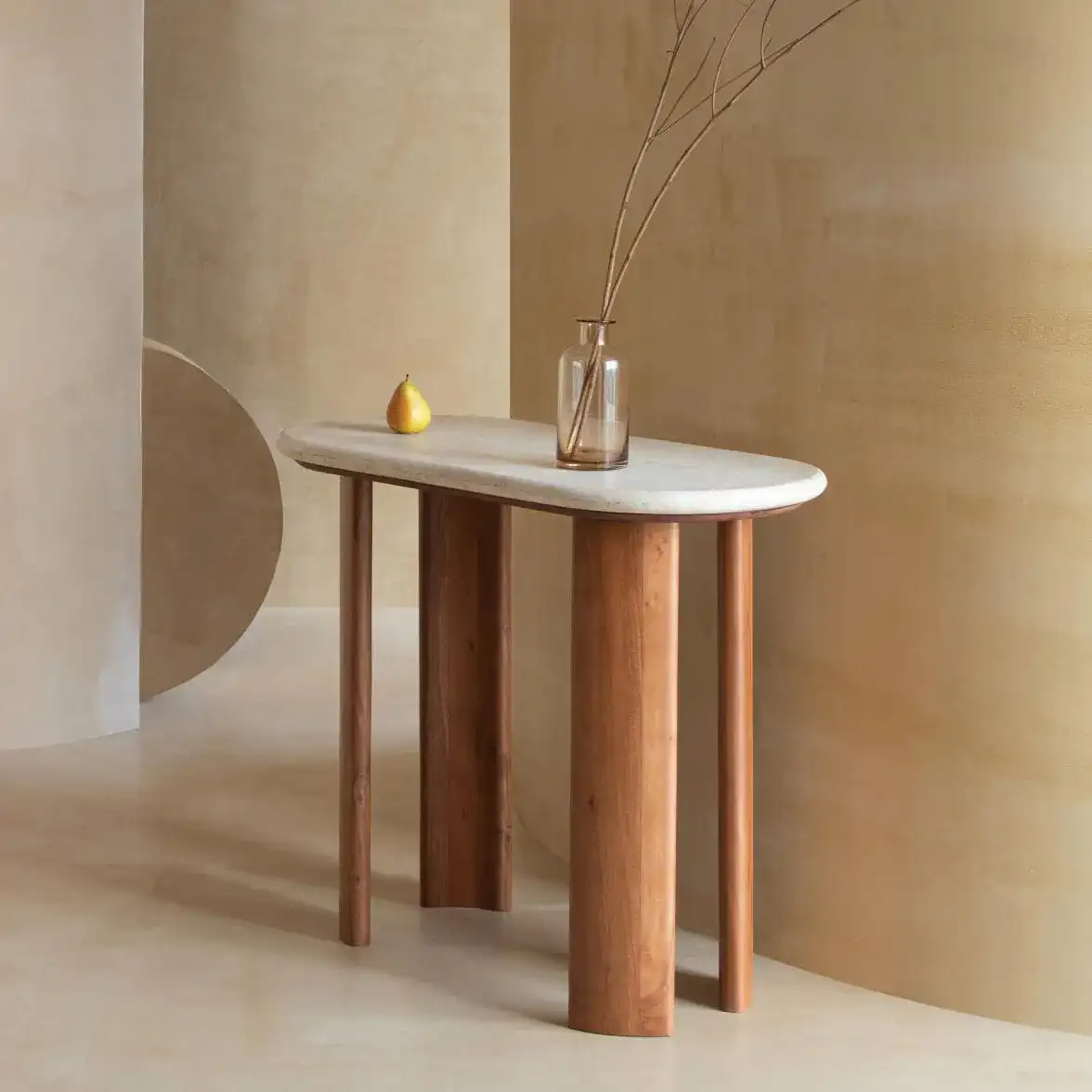Trinsly Travertine Console Table in Natural / Travertine in a styled room