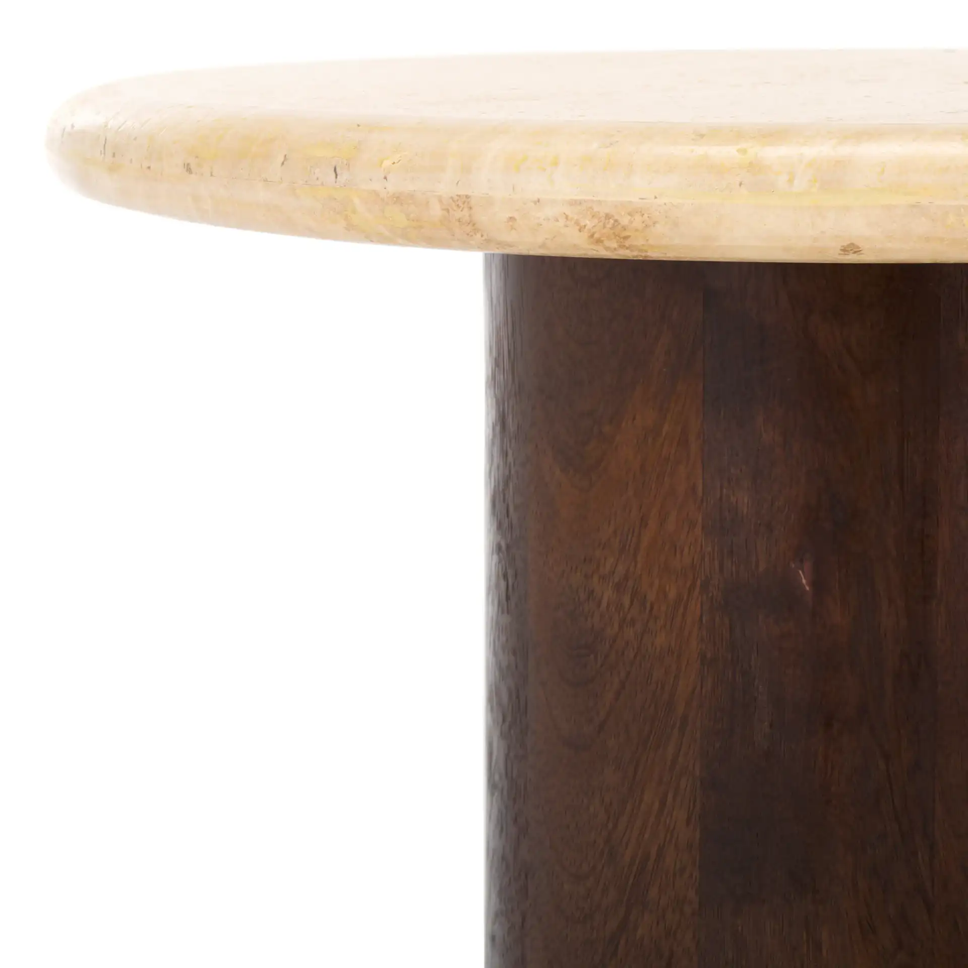 Jennamira Round Travertine Table in Dark Brown / Travertine in a styled room