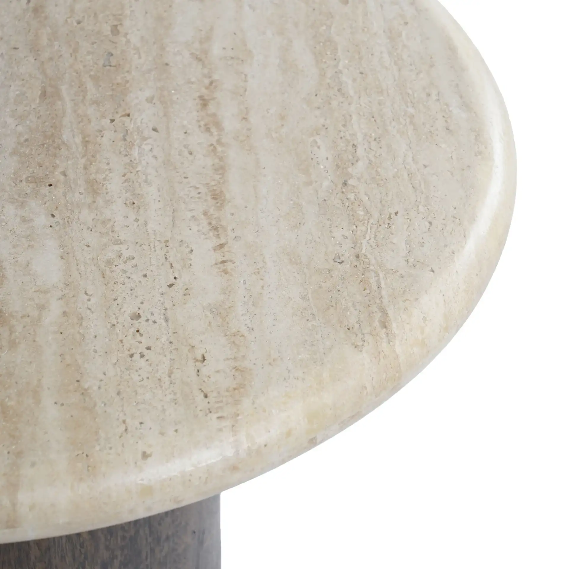 Jennamira Round Travertine Table in Dark Brown / Travertine in a styled room