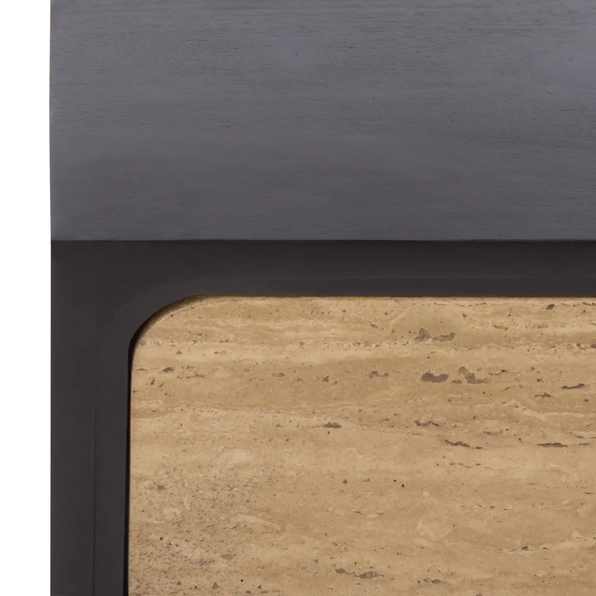 Halcyon Travertine Nightstand in Travertine / Black in a styled room