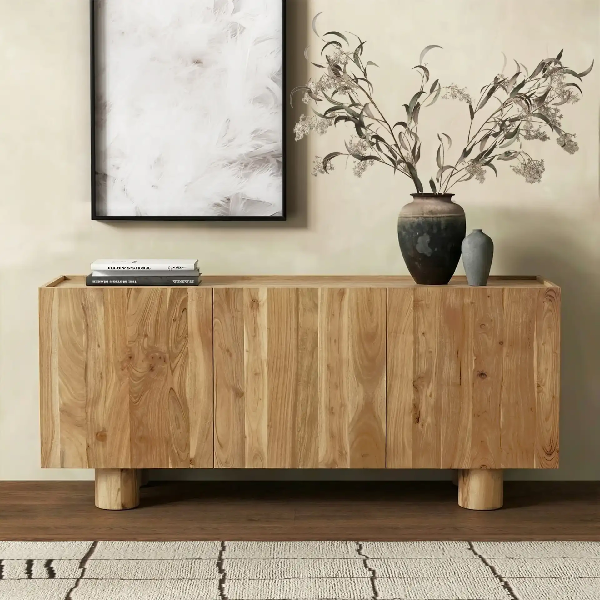 Ashlietta Travertine Sideboard in Natural / Travertine in a styled room