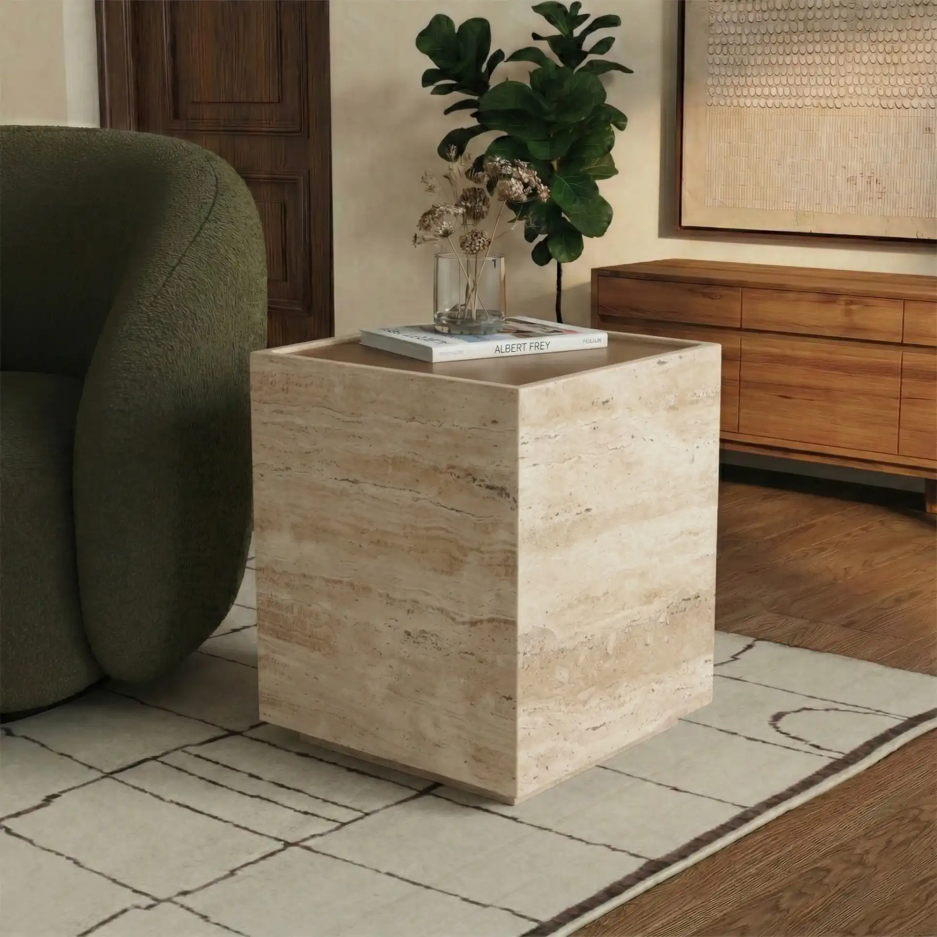 Leslianne Travertine Accent Table in Natural / Travertine in a styled room