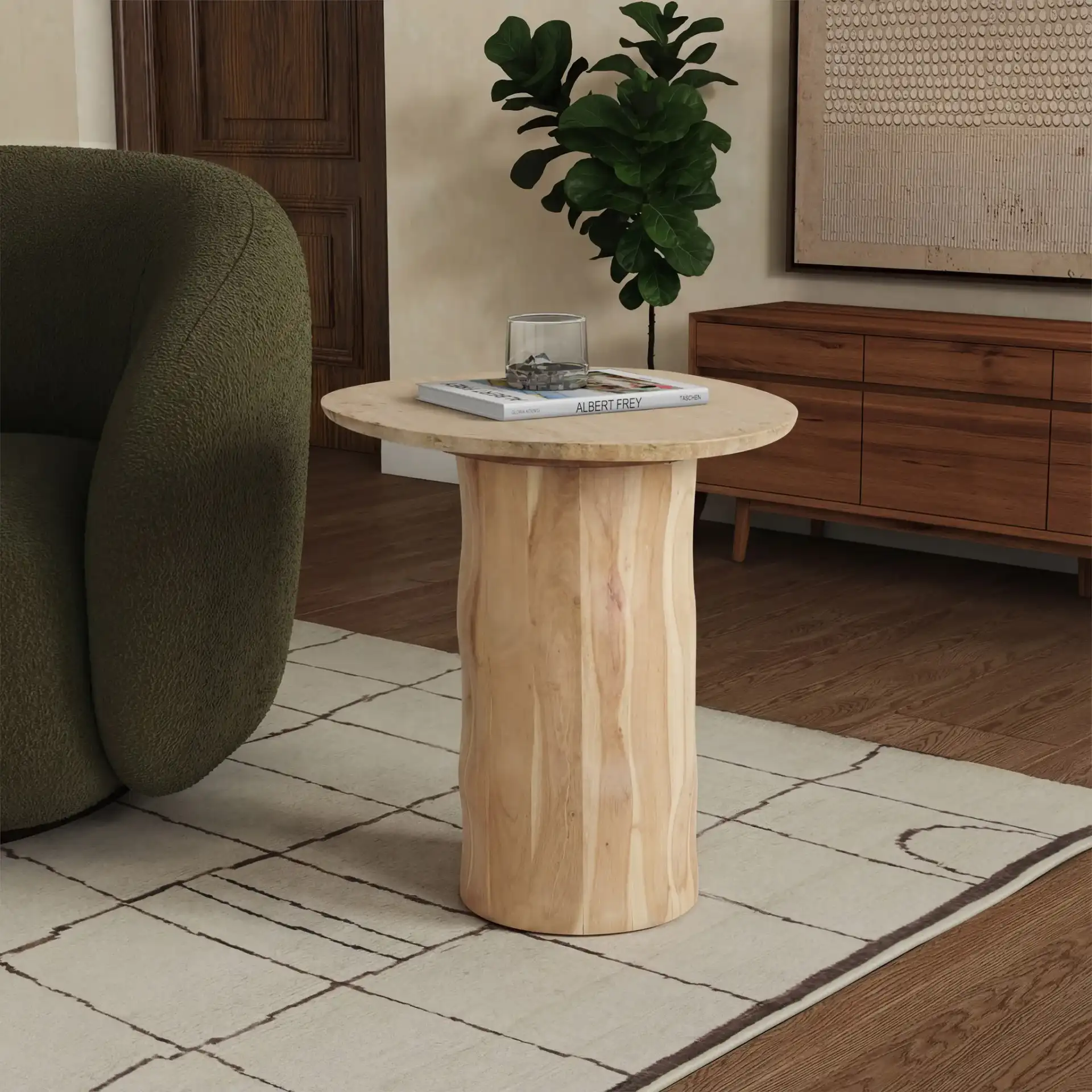 Jennamira Travertine Accent Table in Natural / Travertine in a styled room