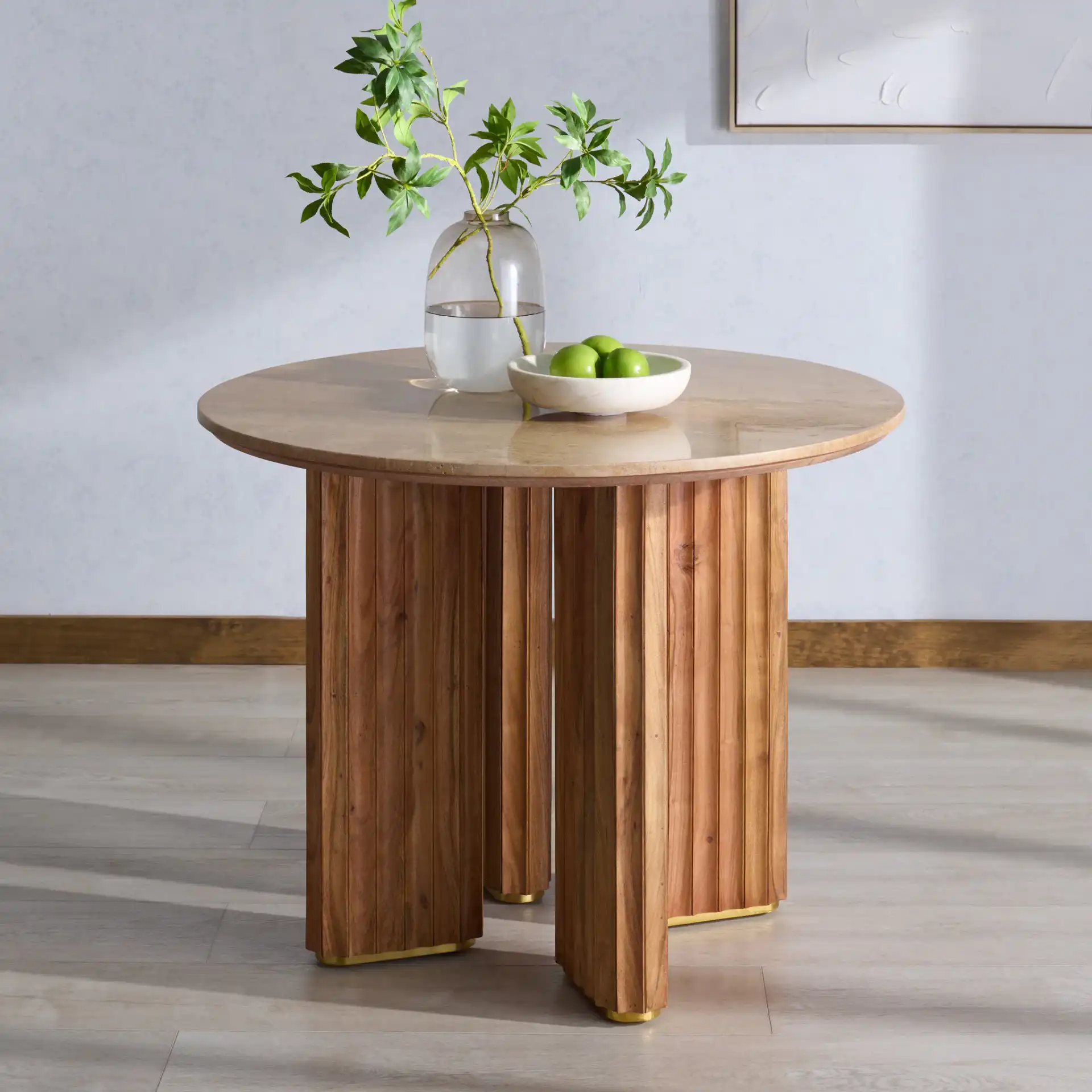 Irine Travertine Dining Table in Travertine / Brown in a styled room