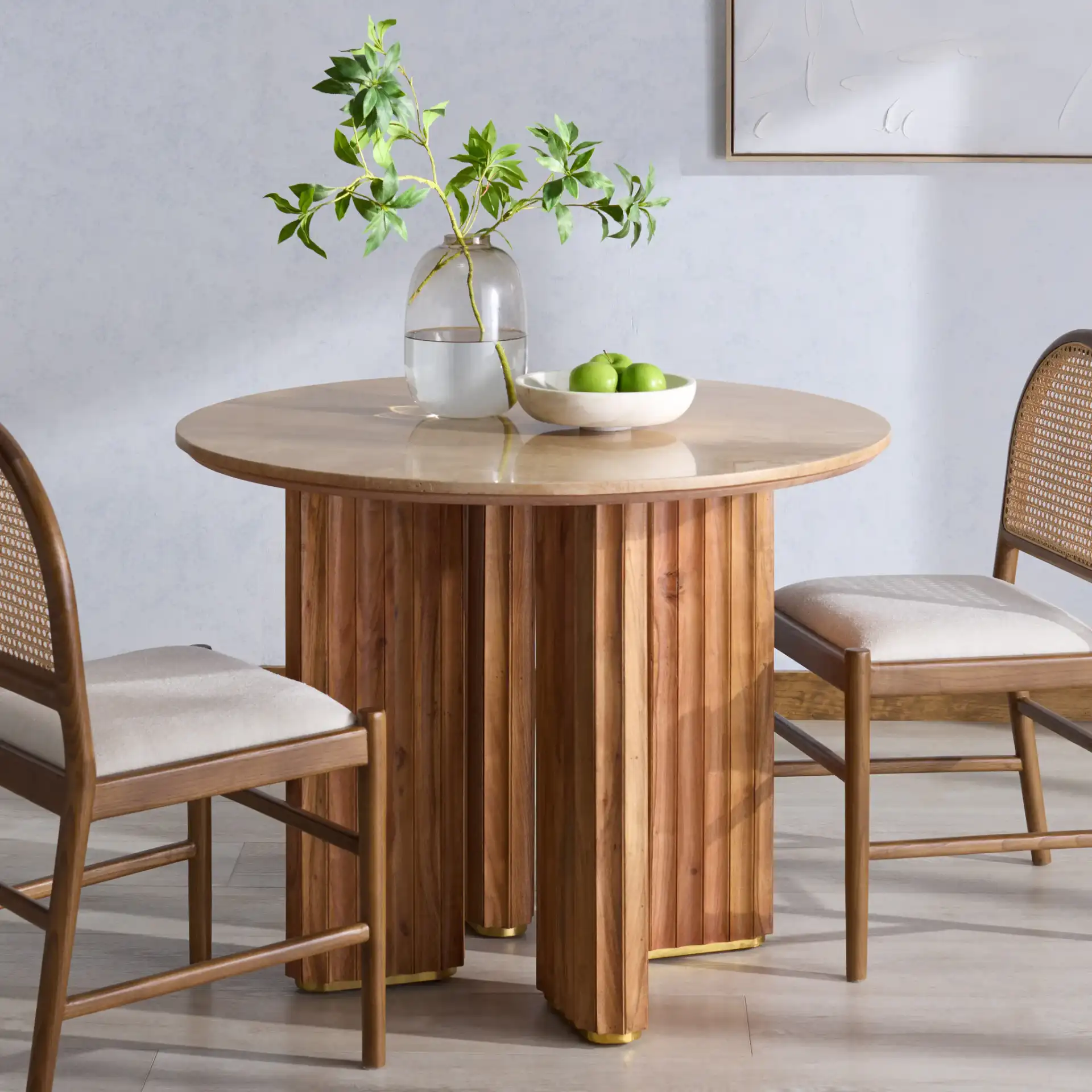 Irine Travertine Dining Table in Travertine / Brown in a styled room