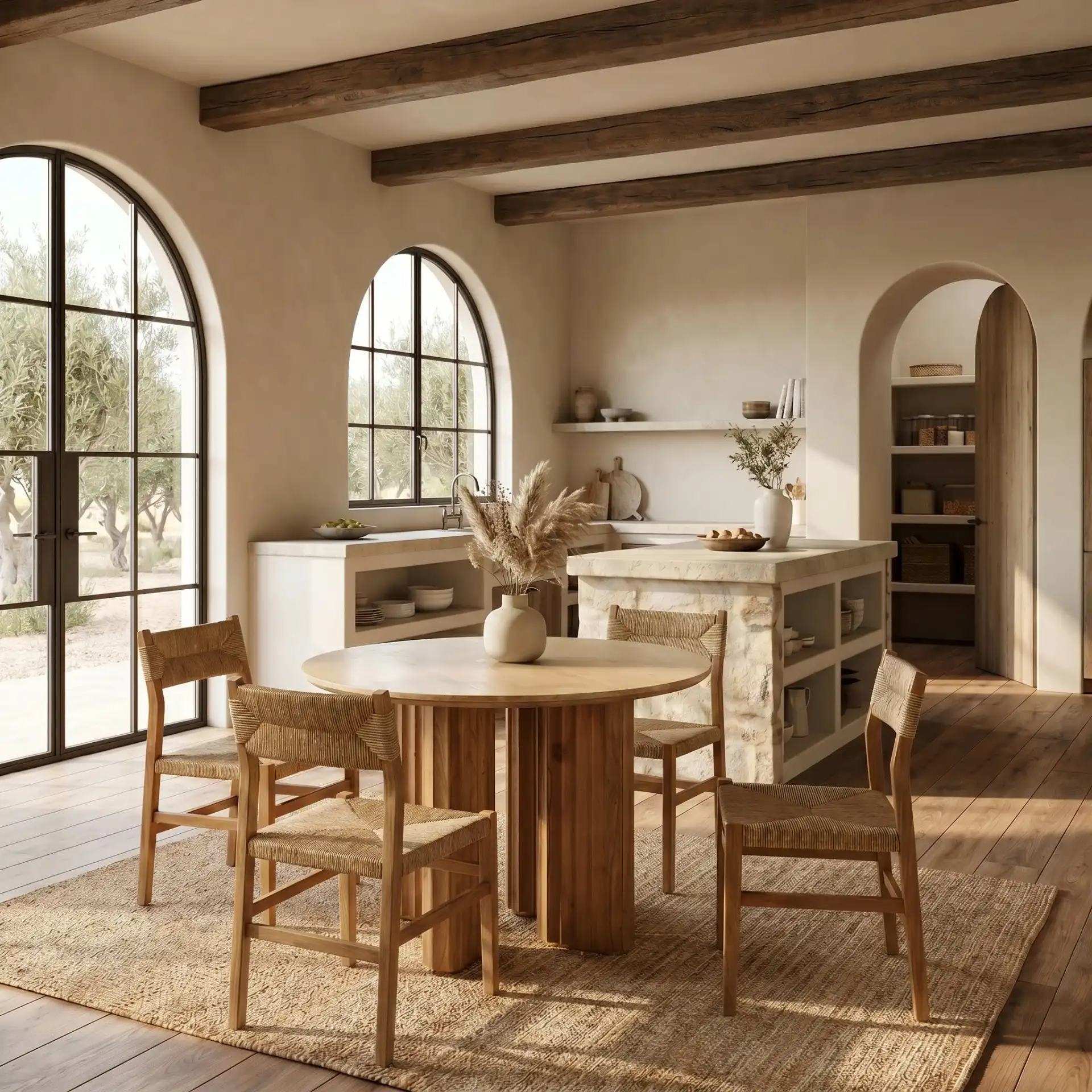 Irine Travertine Dining Table in Travertine / Brown in a styled room