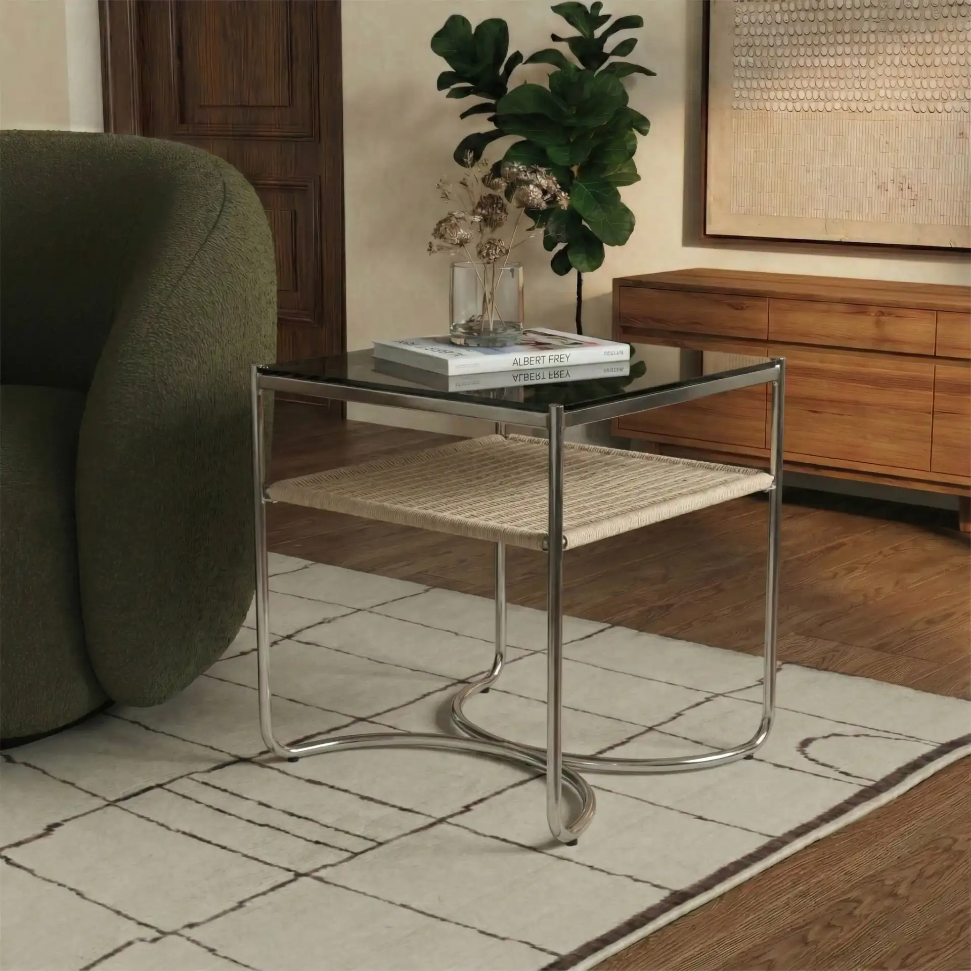 Jackiette Black Glass Accent Table in Silver / Black in a styled room