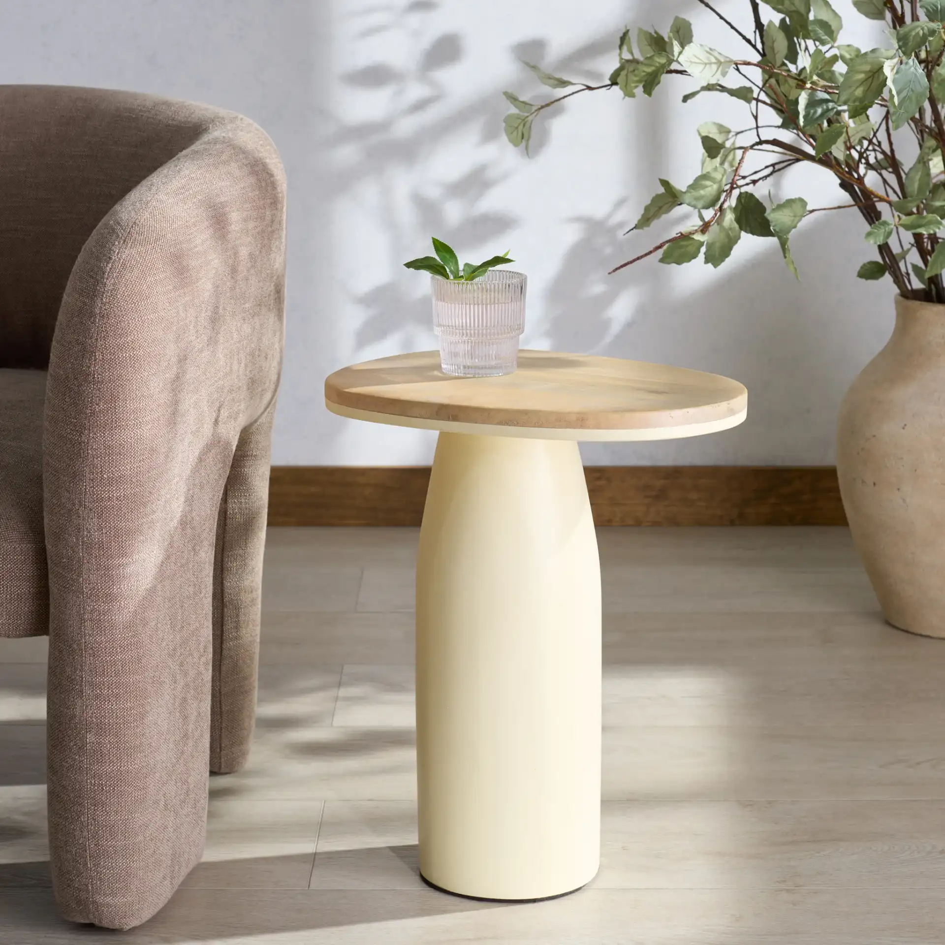 Veronica Lacquer Accent Table in Natural / White in a styled room