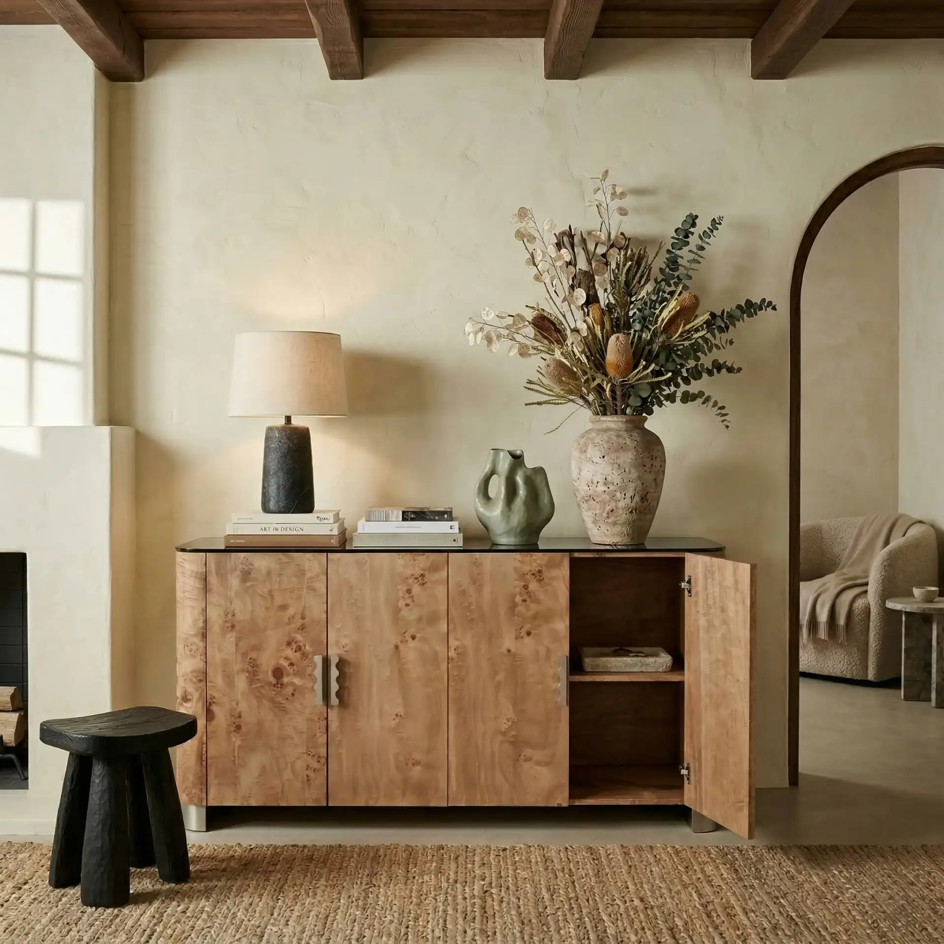 Celestanno Burl Sideboard in Burl / Silver in a styled room