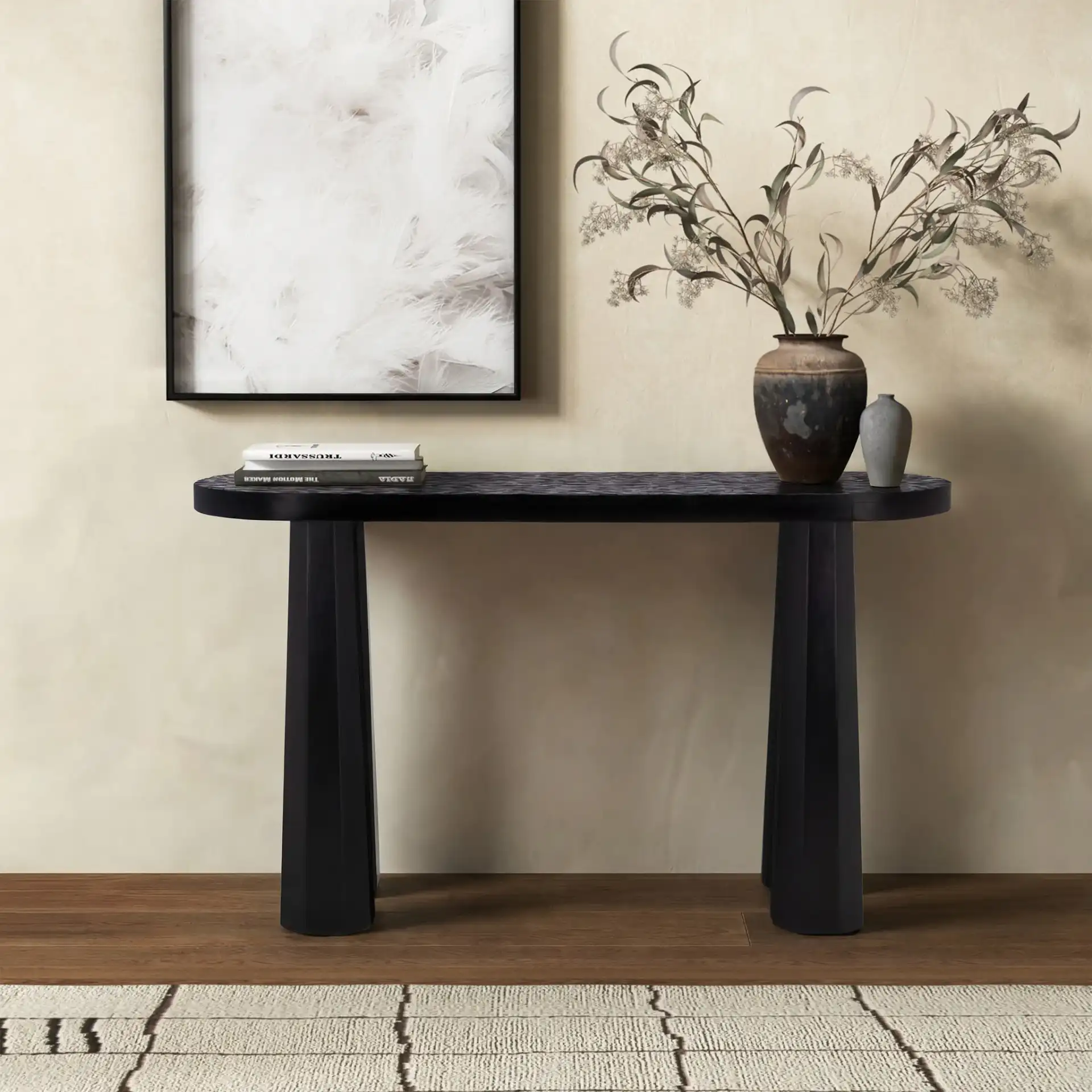 Petraclara Wood Console Table in Black in a styled room