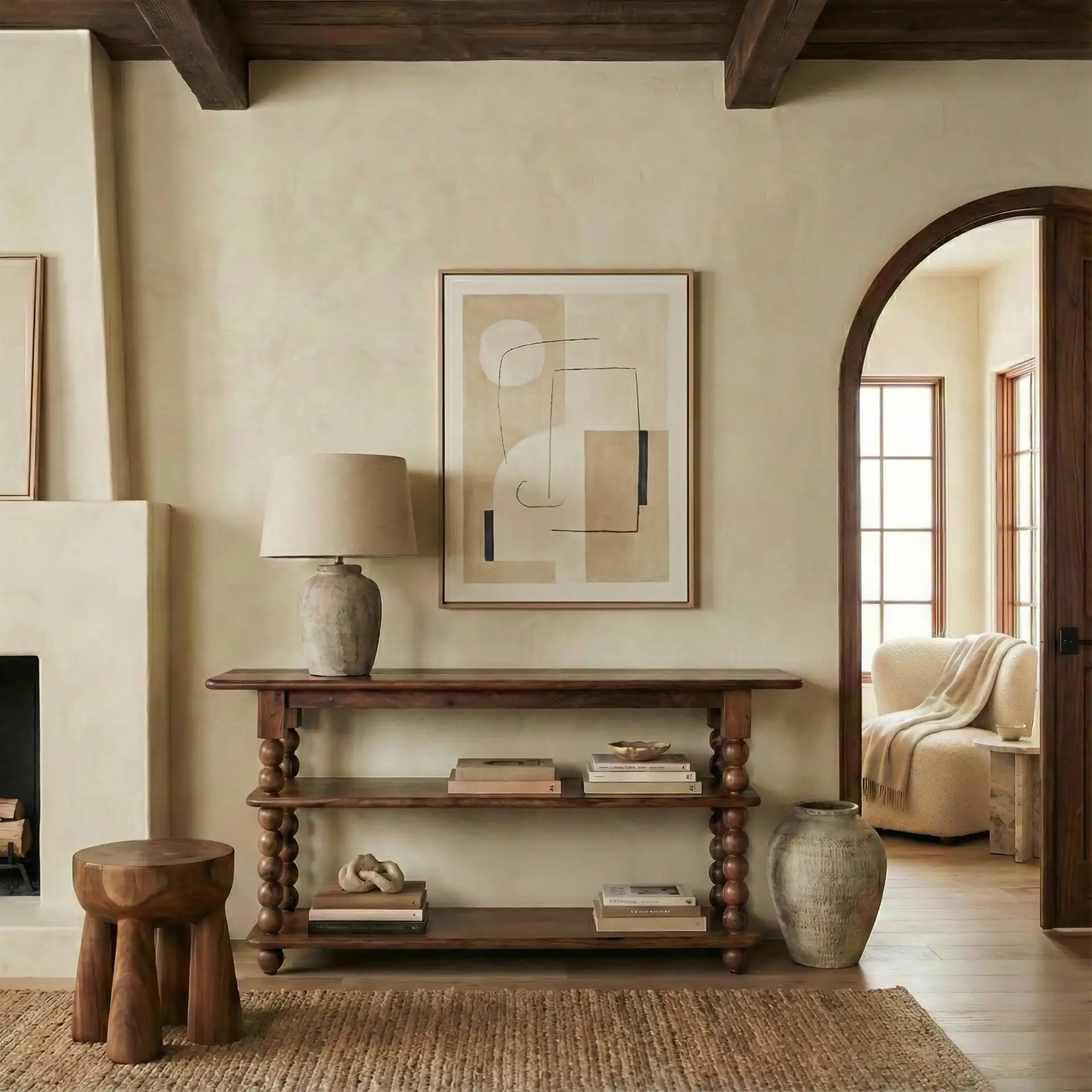 Norbert Wood Console Table in Brown in a styled room