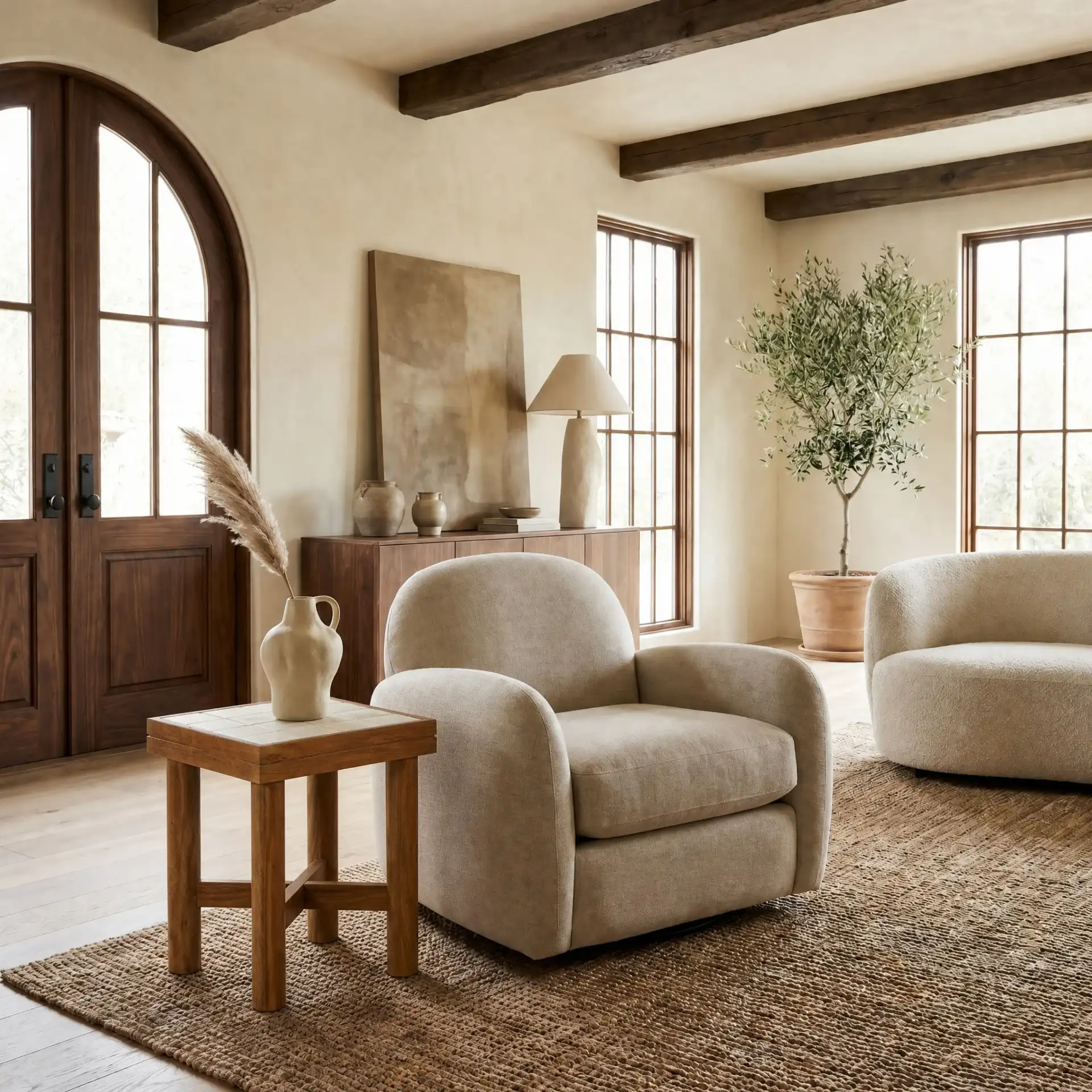 Kaylina Tile Top Accent Table in Off-White / Walnut in a styled room