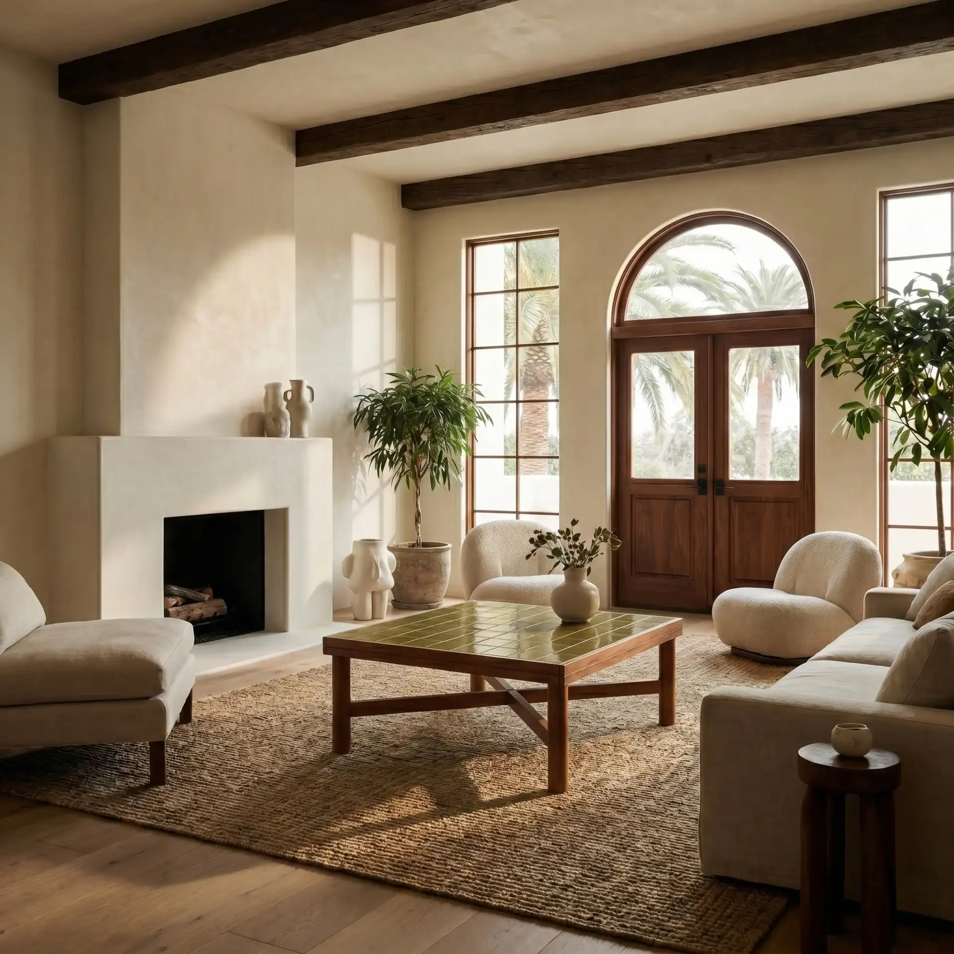 Kaylina Tile Top Coffee Table in Brown / Walnut in a styled room