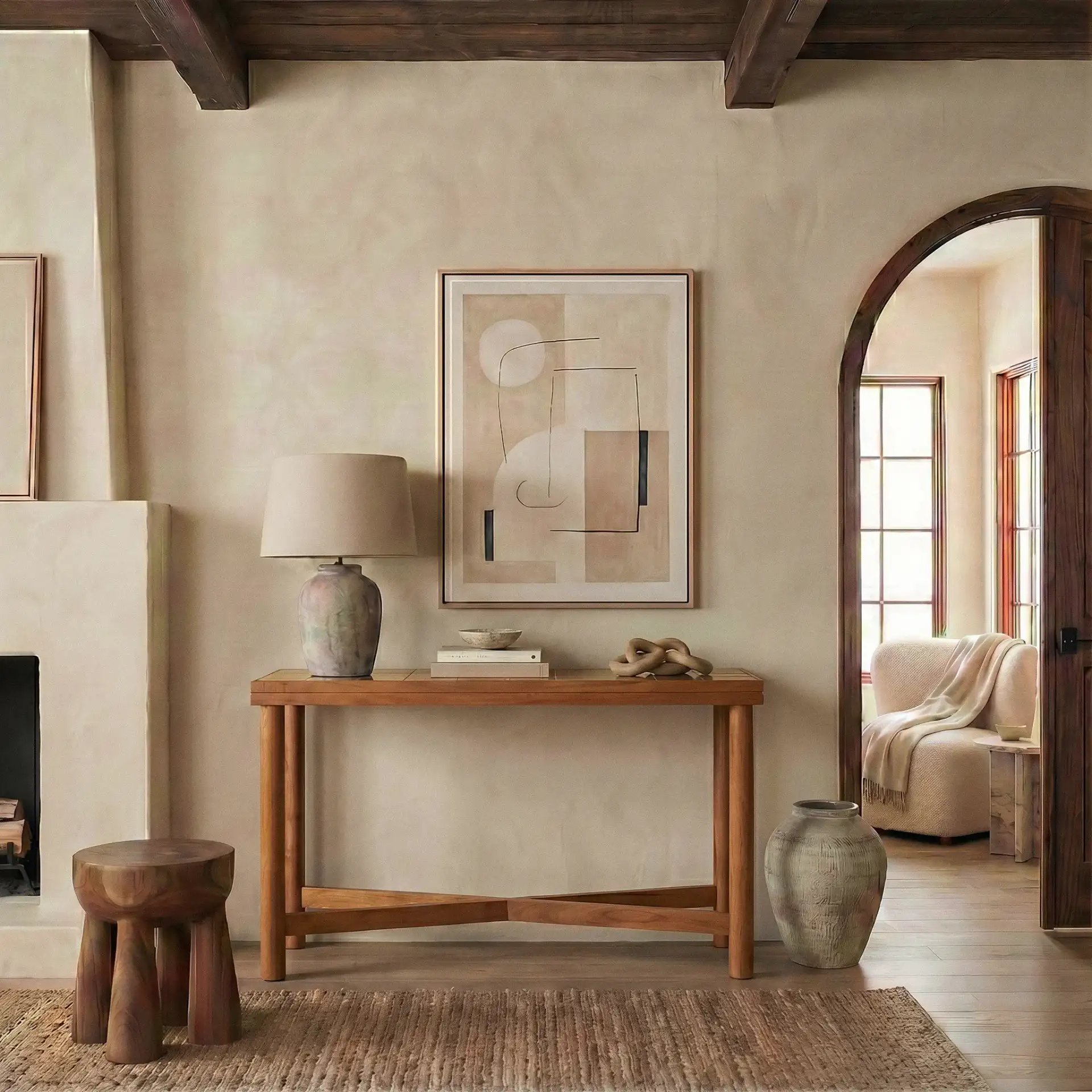 Kaylina Tile Top Console Table in Brown / Walnut in a styled room