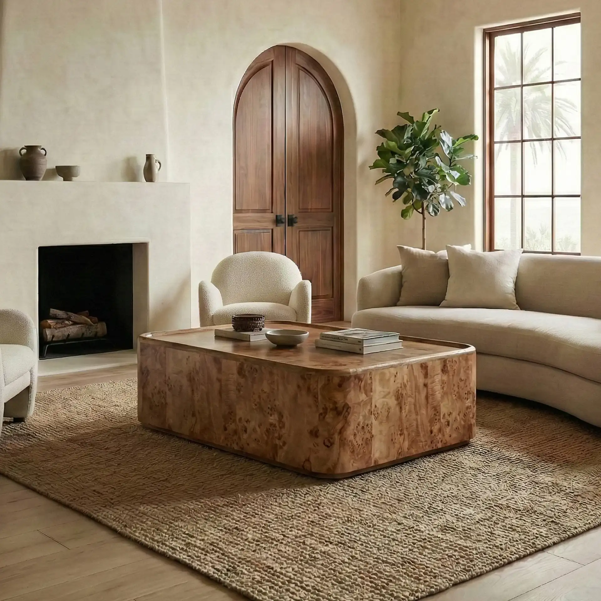 Torryn Burl Coffee Table in Walnut Burl in a styled room