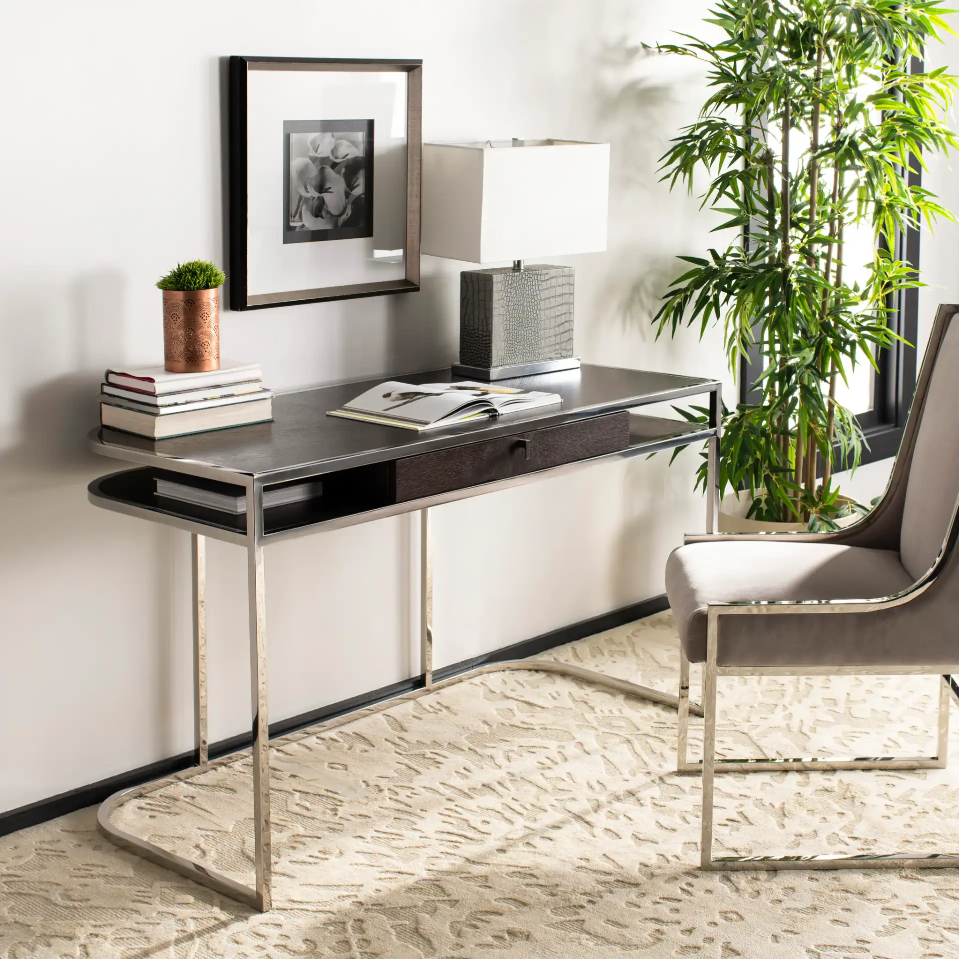 Julian Desk in Espresso / Steel in a styled room
