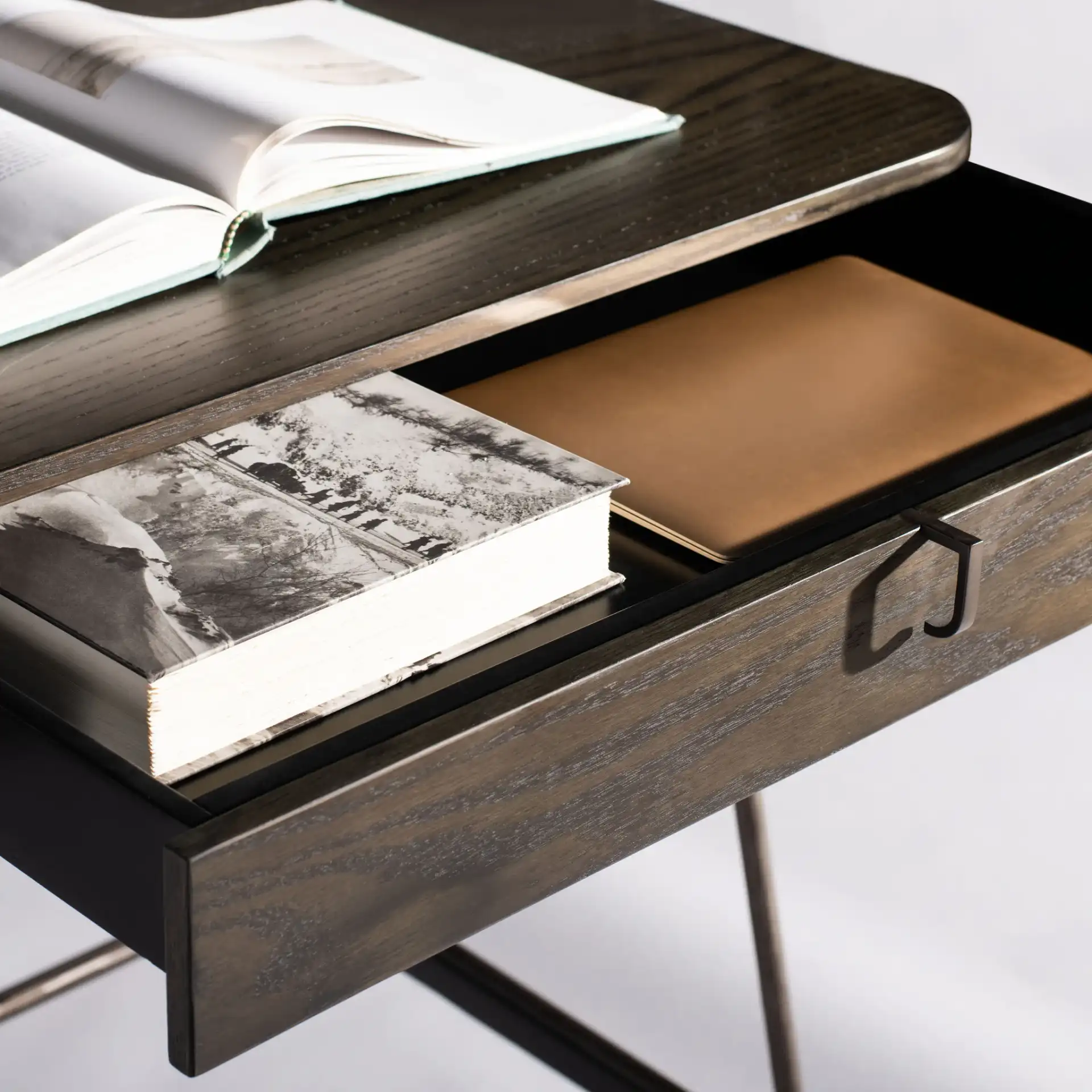 Ferrell Modern Wood Desk in Dark Walnut in a styled room