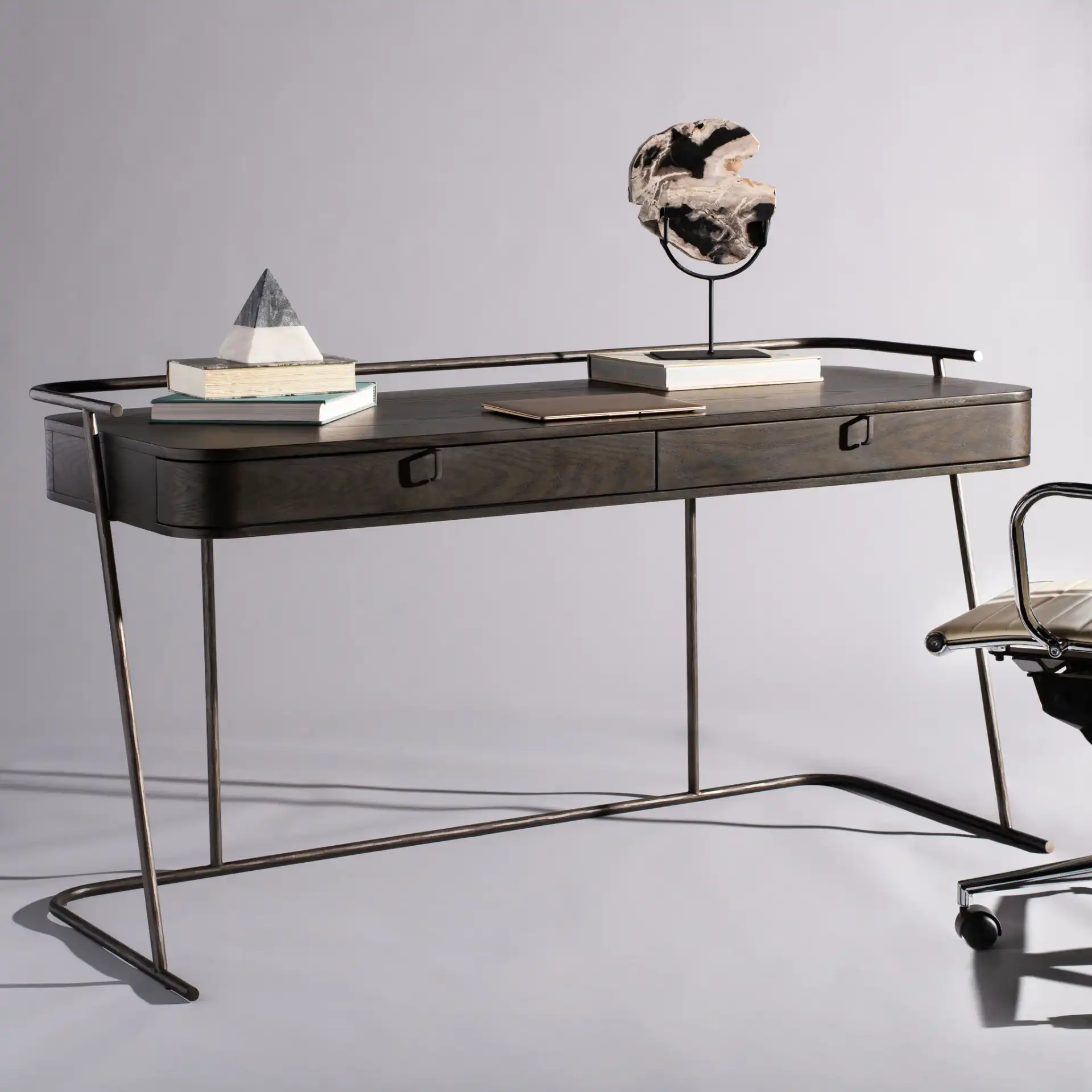 Ferrell Modern Wood Desk in Dark Walnut in a styled room