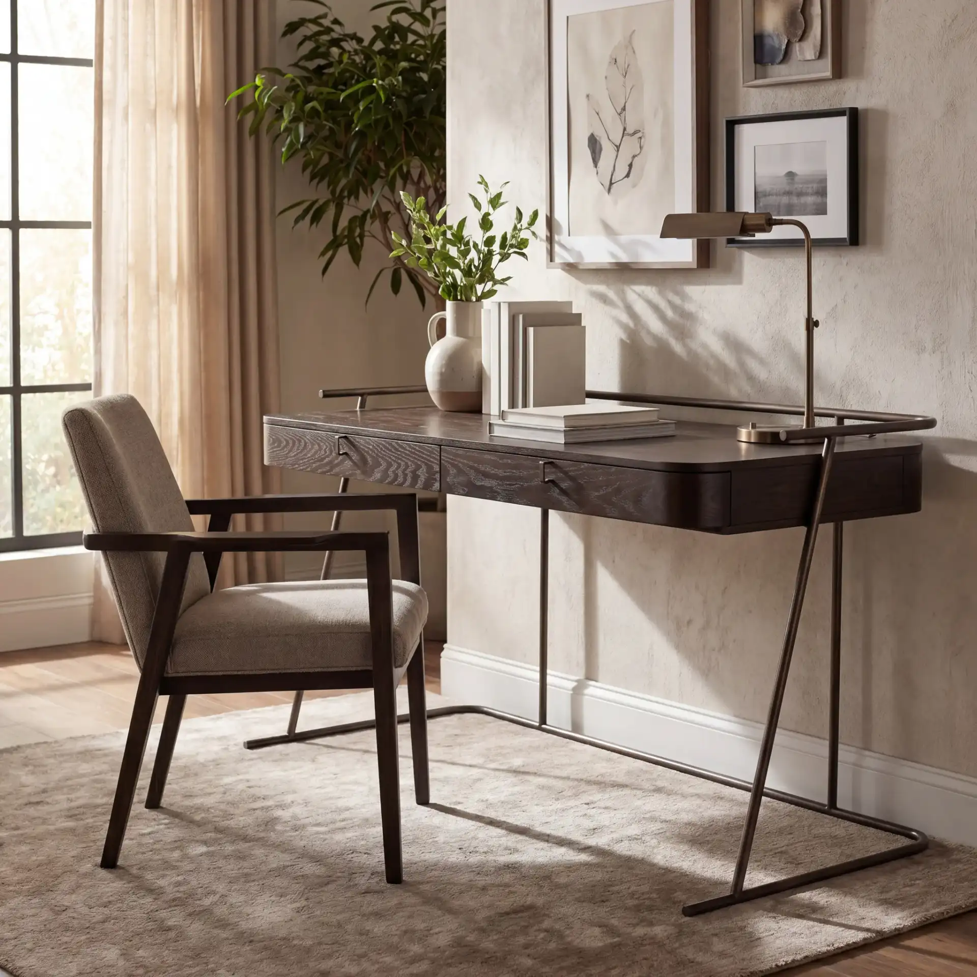 Ferrell Modern Wood Desk in Dark Walnut in a styled room