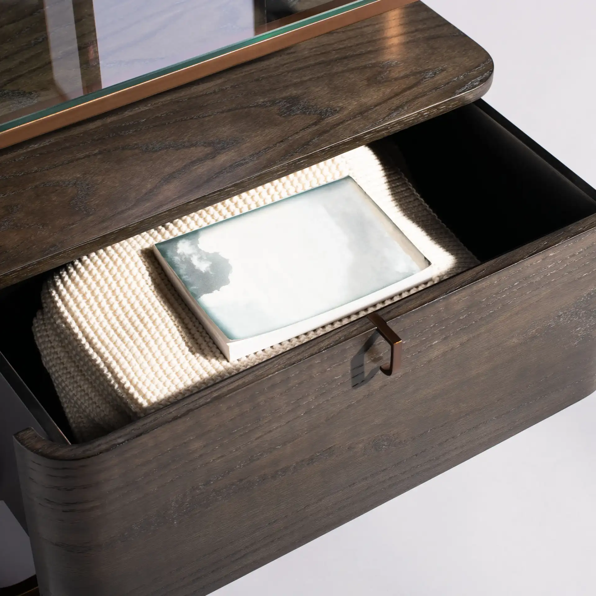 Johnson One-Drawer Nightstand in Dark Walnut in a styled room
