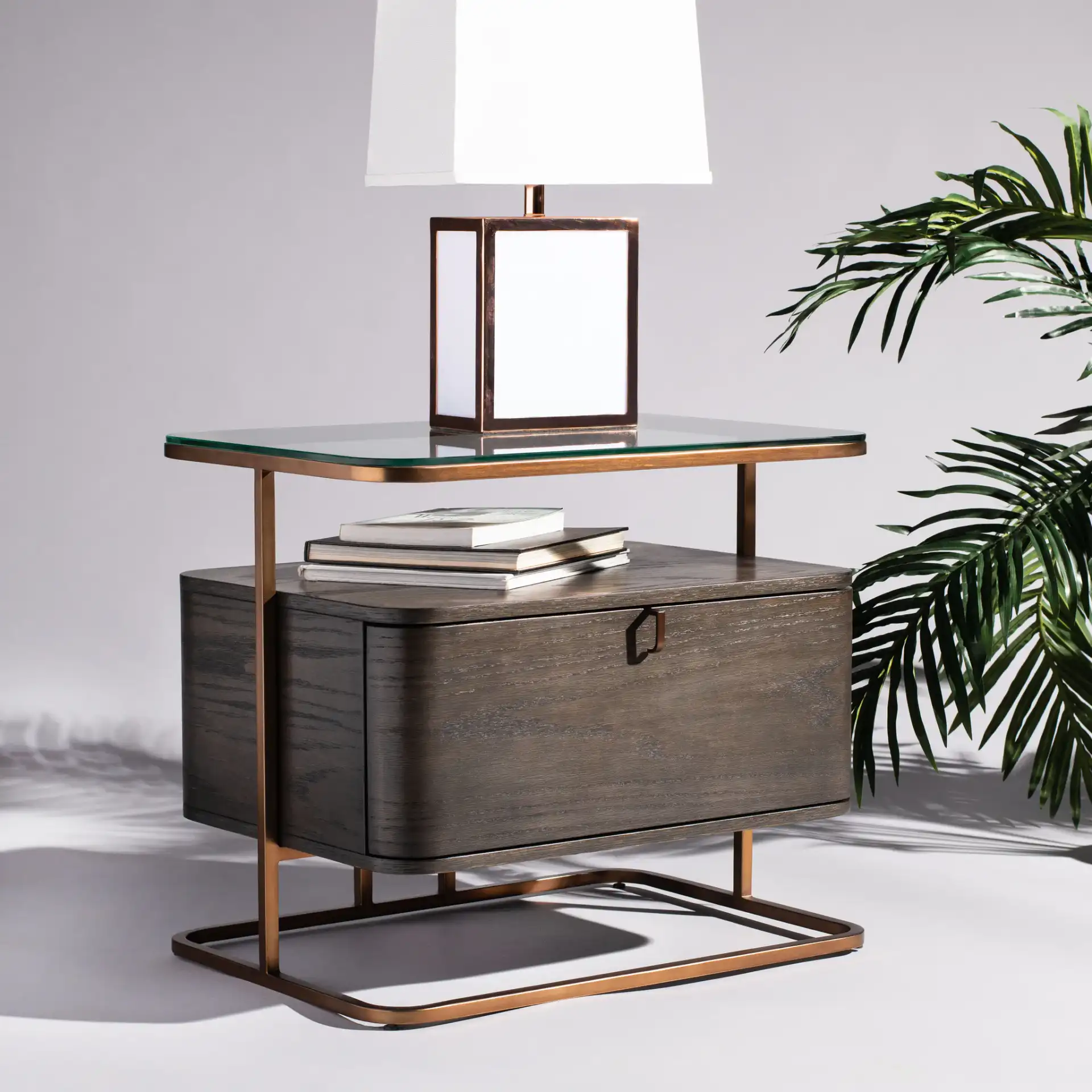 Johnson One-Drawer Nightstand in Dark Walnut in a styled room