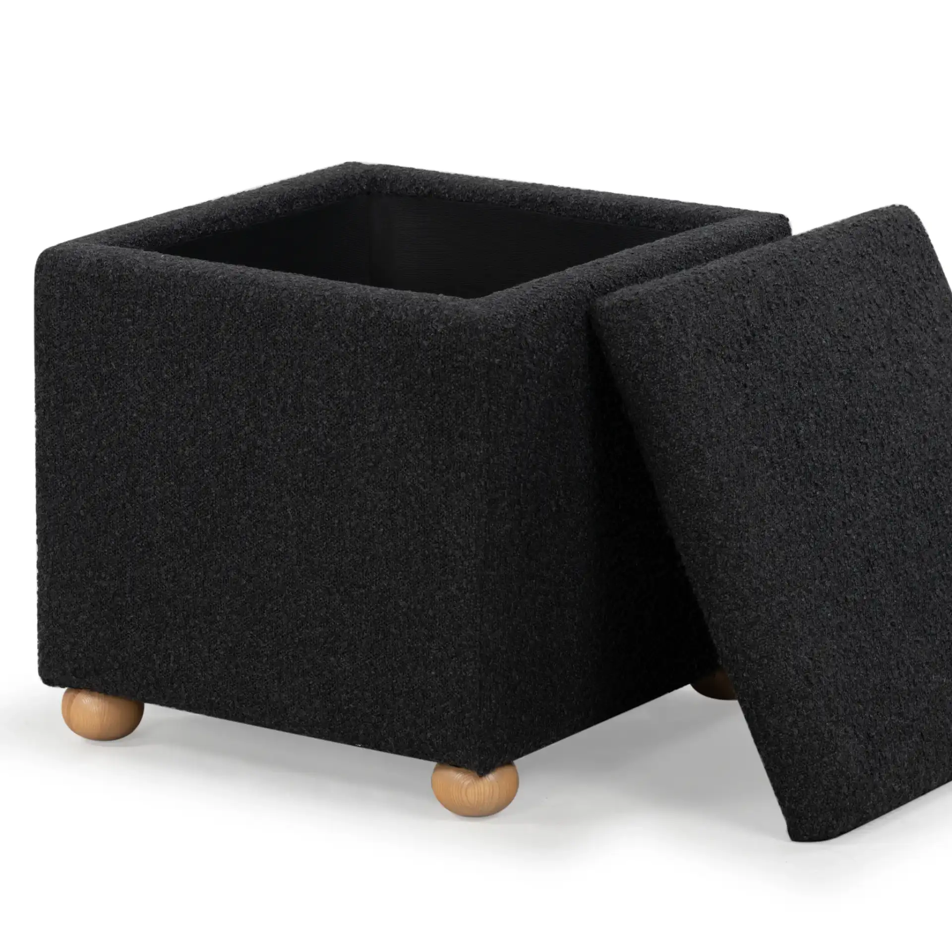 Becka Square Boucle Storage Ottoman in Black / Natural, detail view