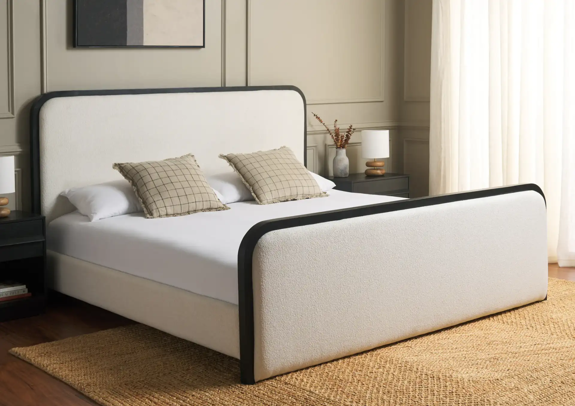 Karolina Boucle Bed in Ivory / Black in a styled room