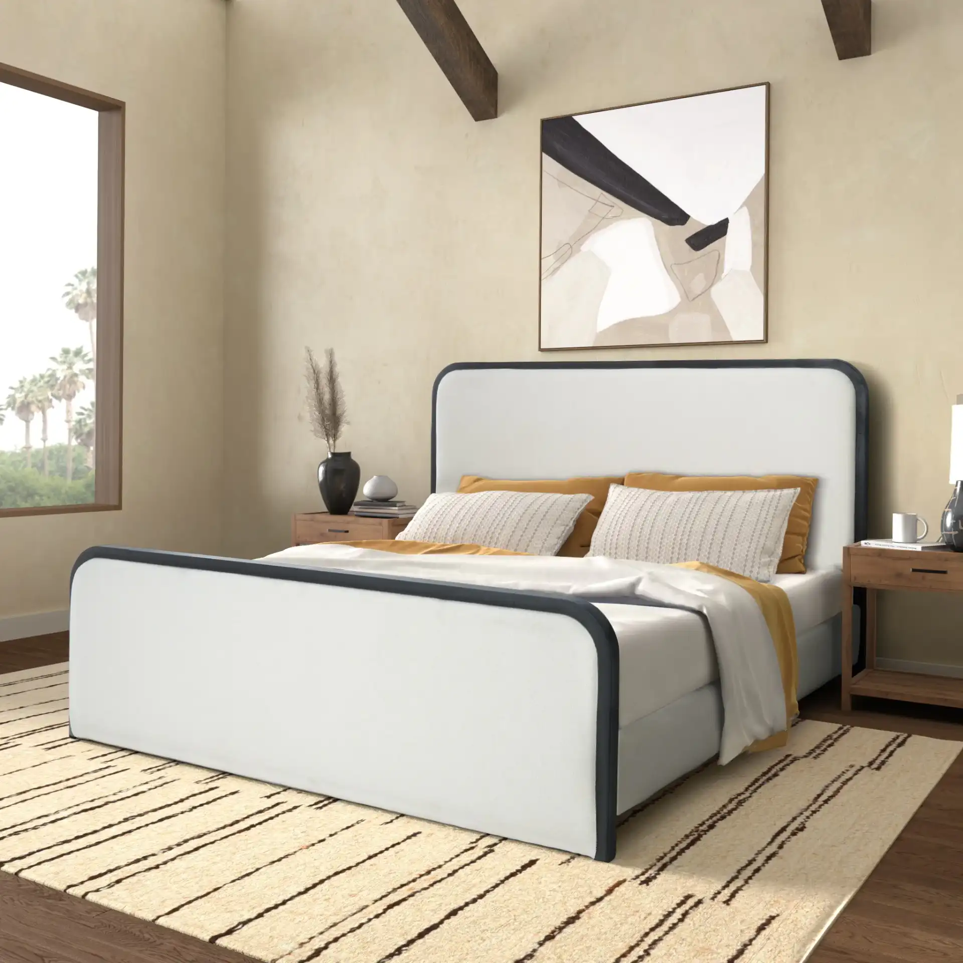 Karolina Boucle Bed in Ivory / Black in a styled room
