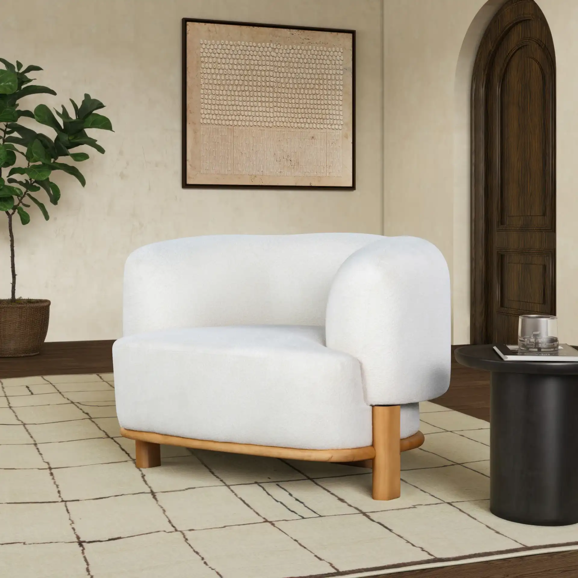 Oscar Boucle Accent Chair in Light Brown / Natural in a styled room