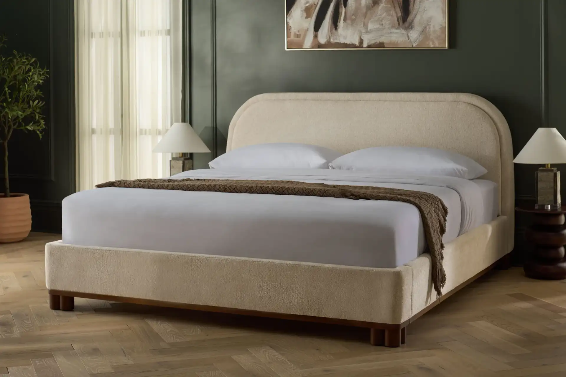 Roberto Chenille Bed in Beige / Walnut in a styled room
