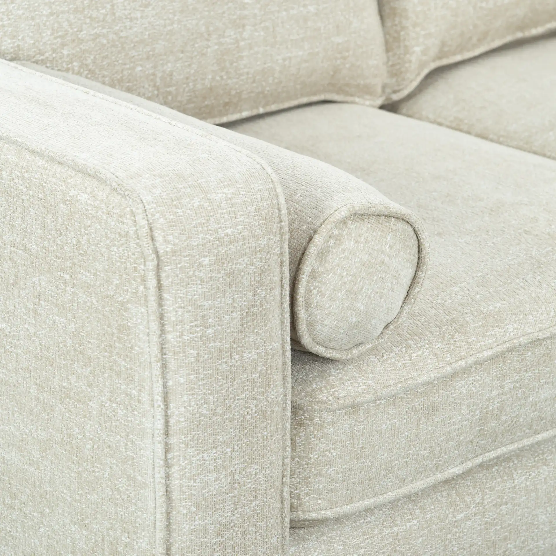Robertson Chenille Three-Seat Sofa in Taupe in a styled room