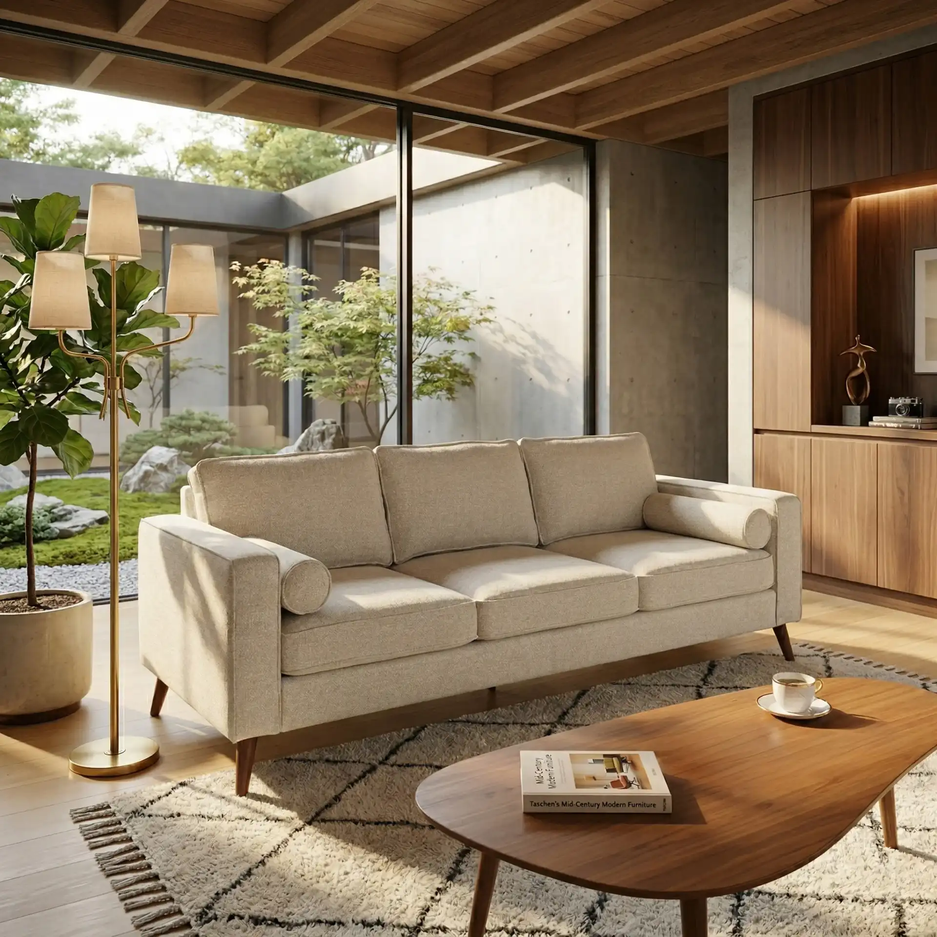 Robertson Chenille Three-Seat Sofa in Taupe in a styled room