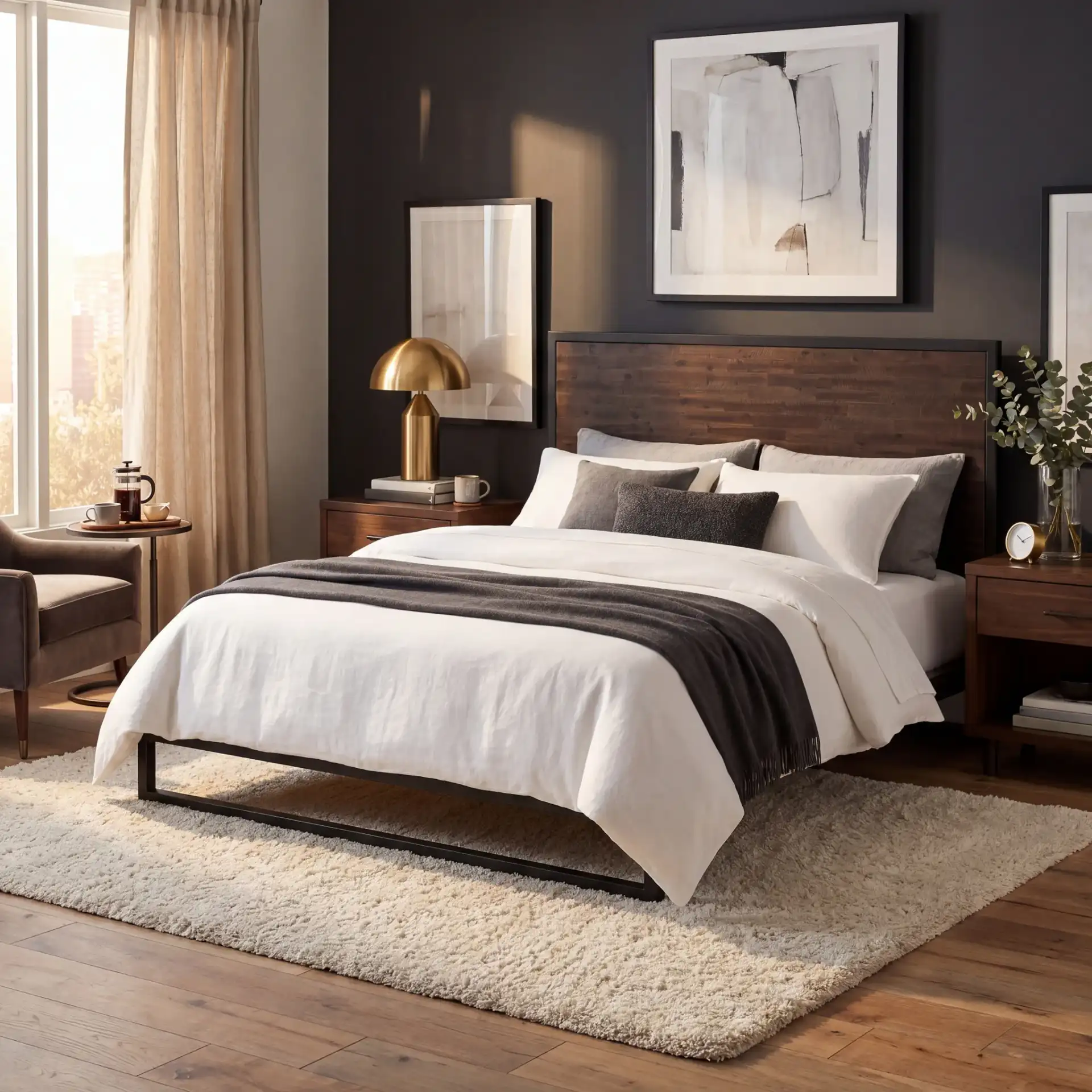 Emmarose Platform Bed in Chocolate Brown / Black in a styled room