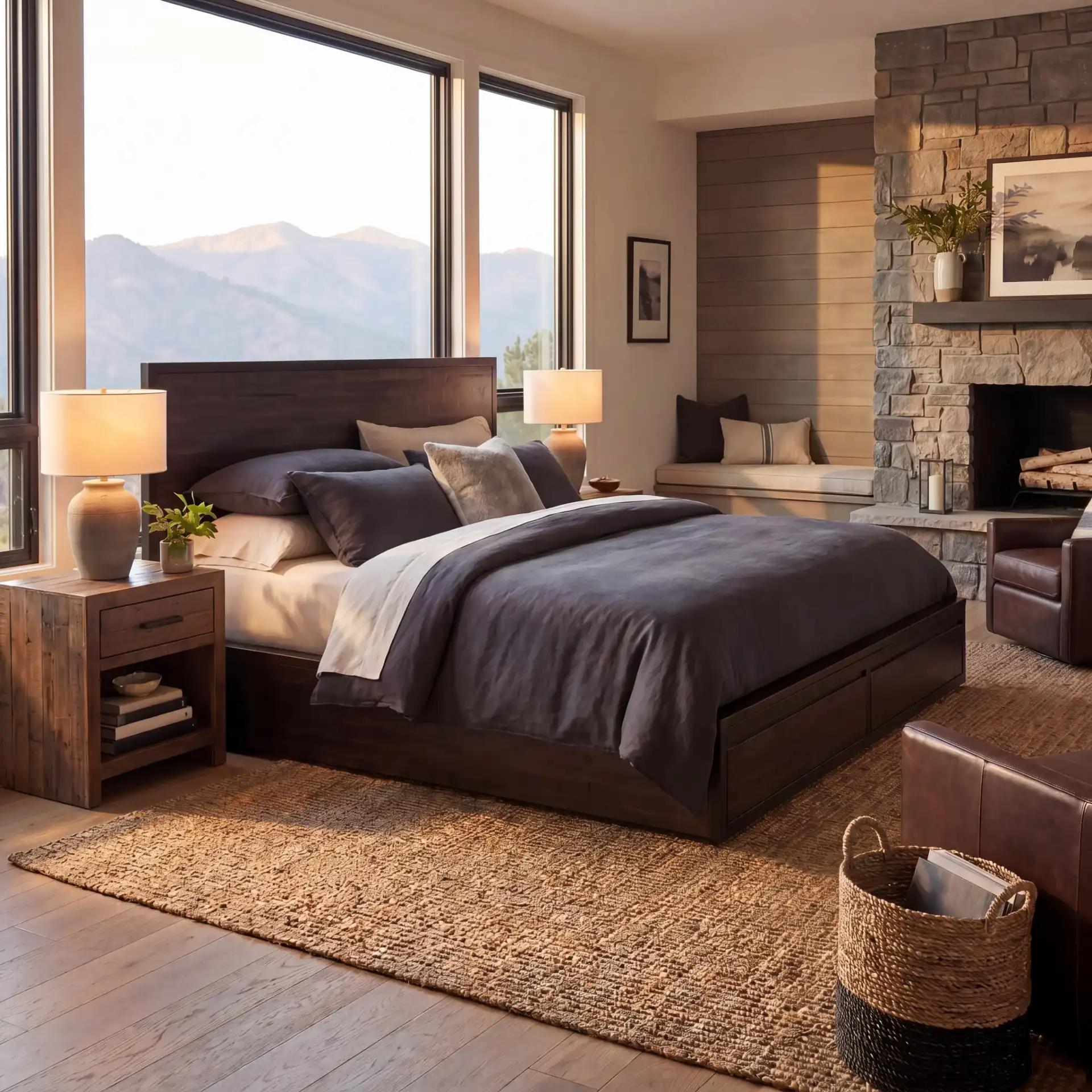 Emmarose Storage Platform Bed in Chocolate Brown / Black in a styled room