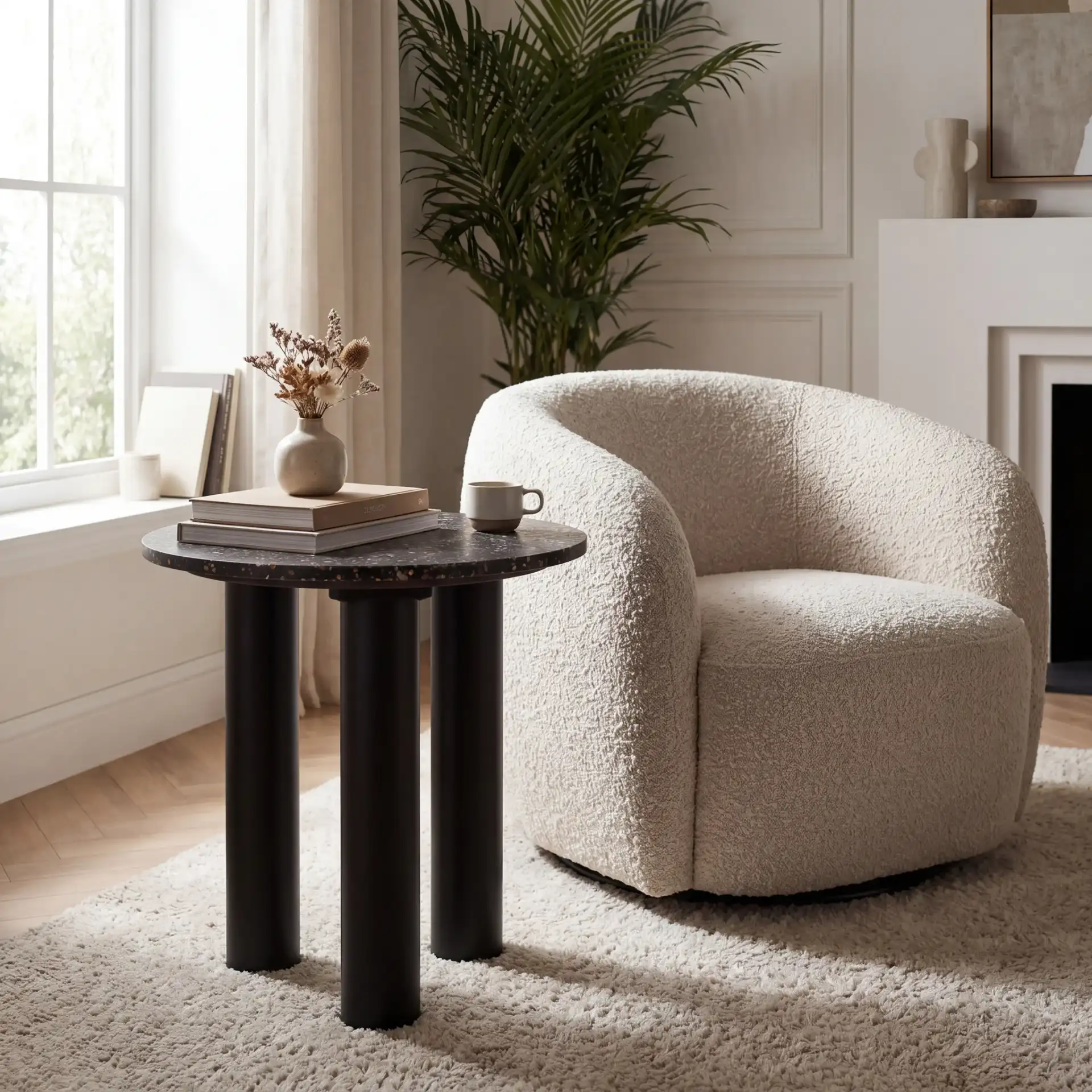 Kathalina Terrazzo Accent Table in Black in a styled room