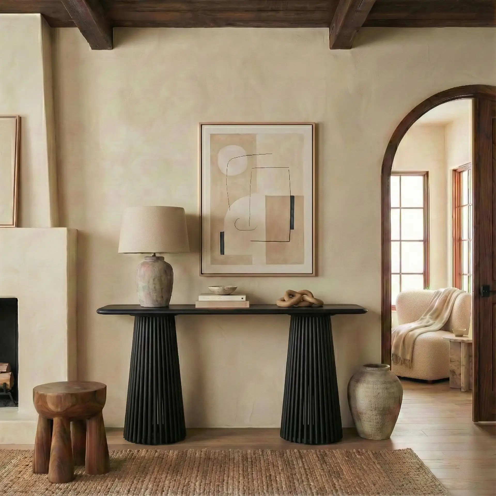 Penelope Wood Console Table in Black in a styled room