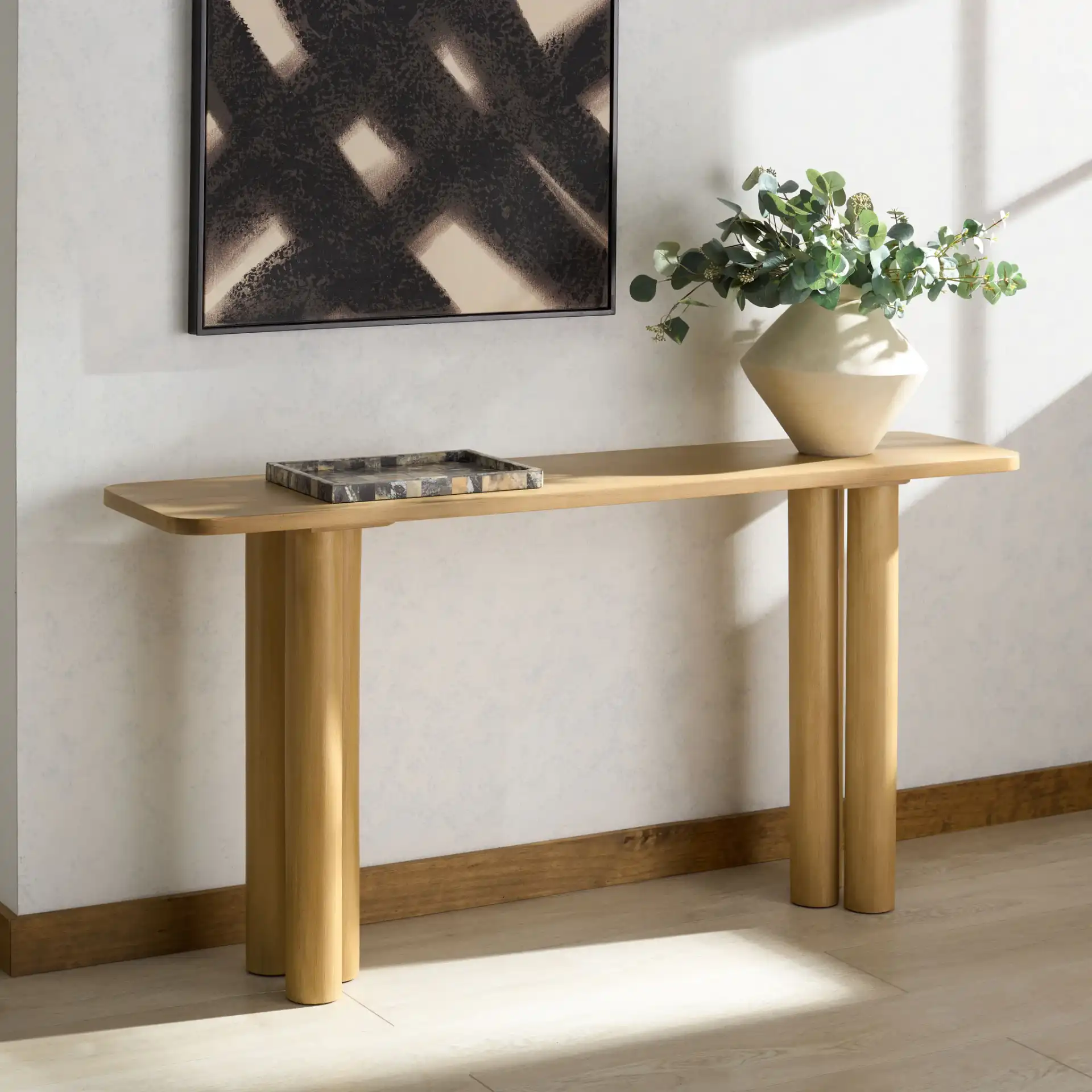 Kathalina Rect Wood Console in Natural in a styled room