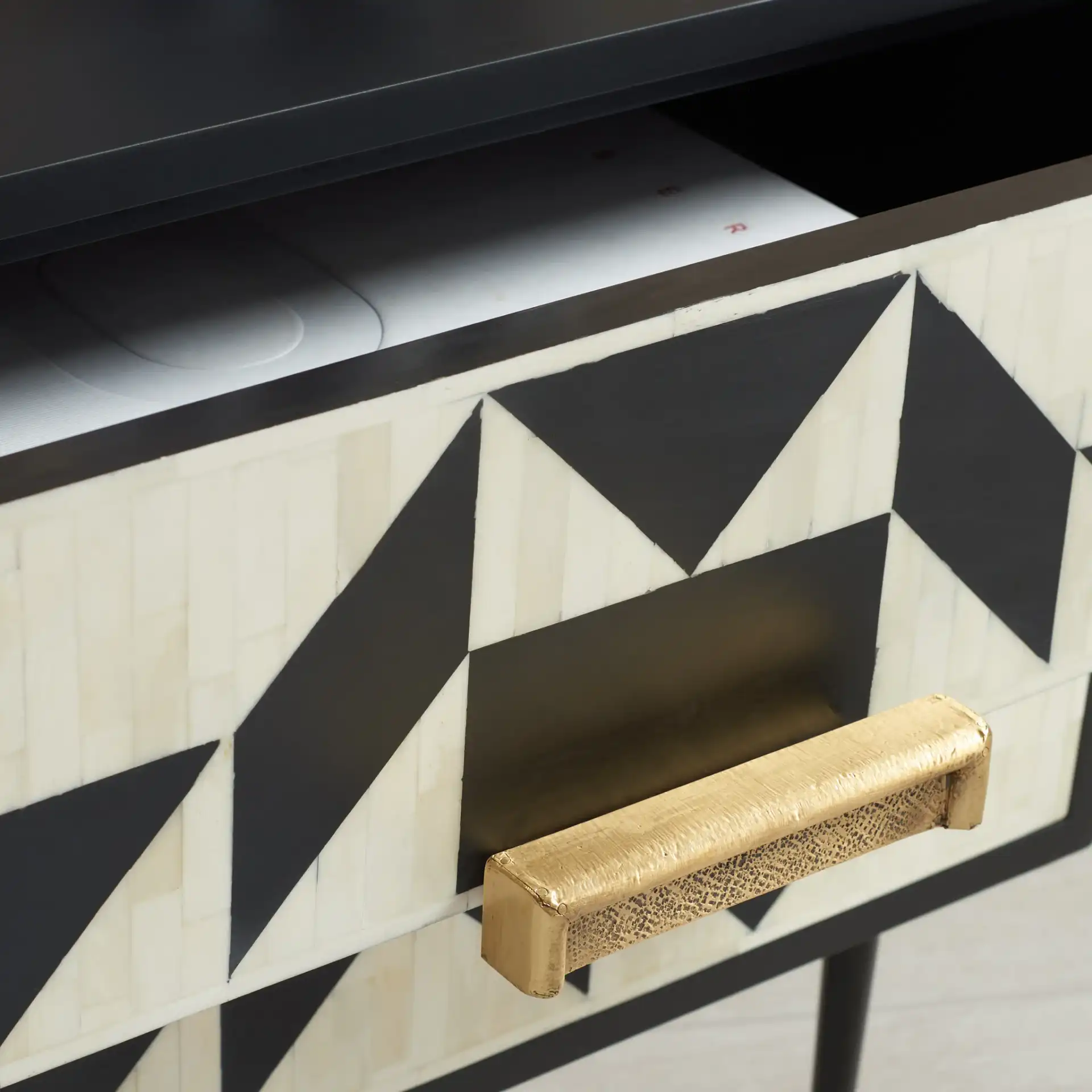 Kimori Two-Drawer Nightstand in Black / White in a styled room