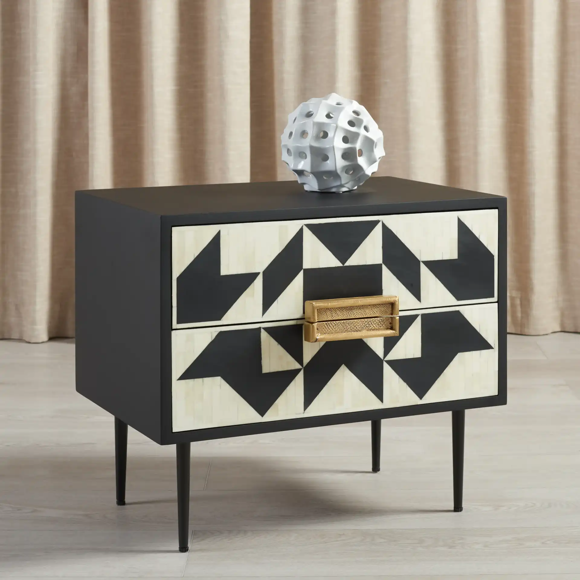 Kimori Two-Drawer Nightstand in Black / White in a styled room