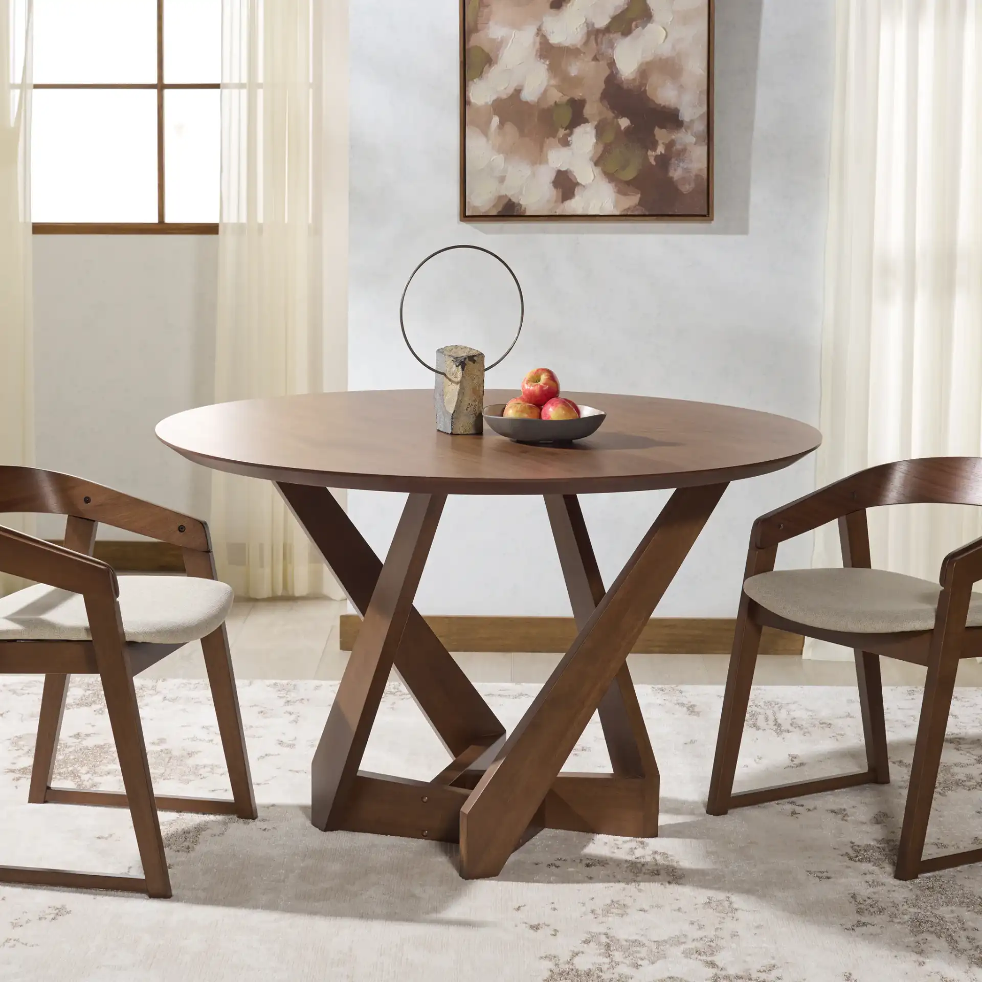 Hildabryna Round Wood Dining Table in Walnut in a styled room