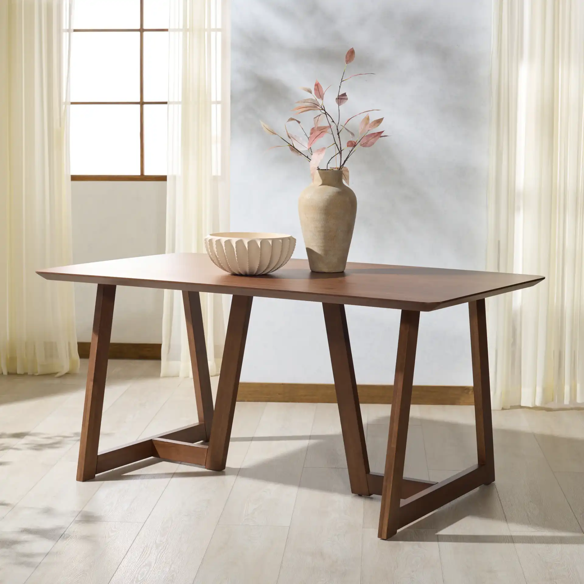 Leroux Rectangular Wood Dining Table in Walnut in a styled room