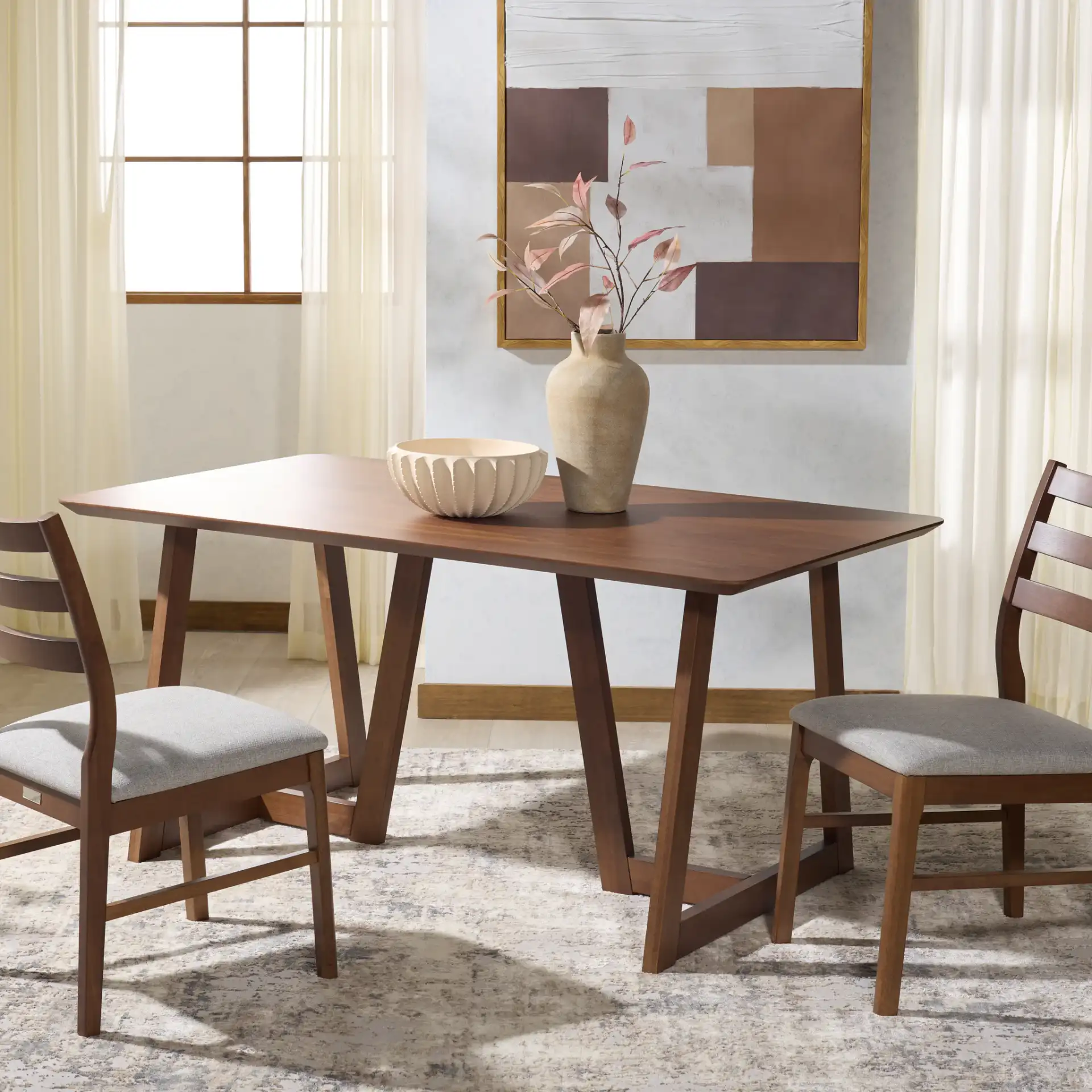 Leroux Rectangular Wood Dining Table in Walnut in a styled room