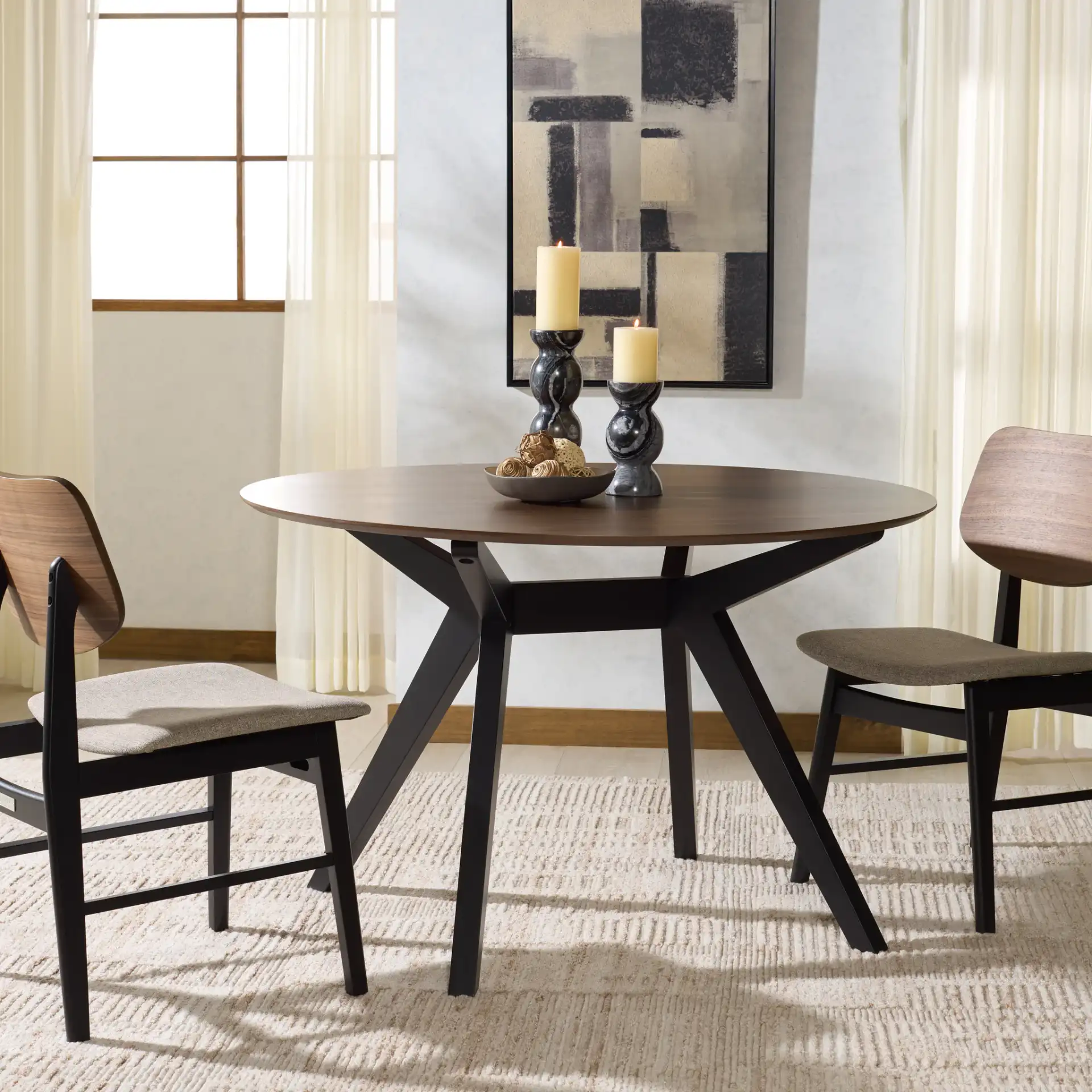 Rhonda Round Wood Dining Table in Walnut / Black in a styled room