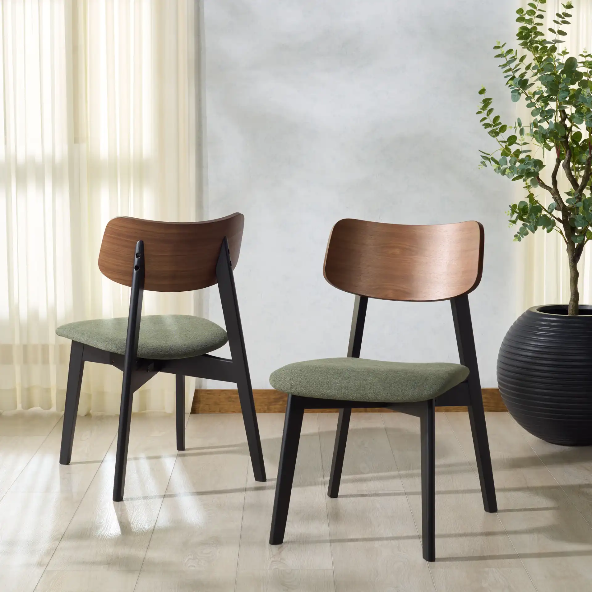Divya Wood Dining Chair (Set of 2) in Walnut / Light Gray in a styled room