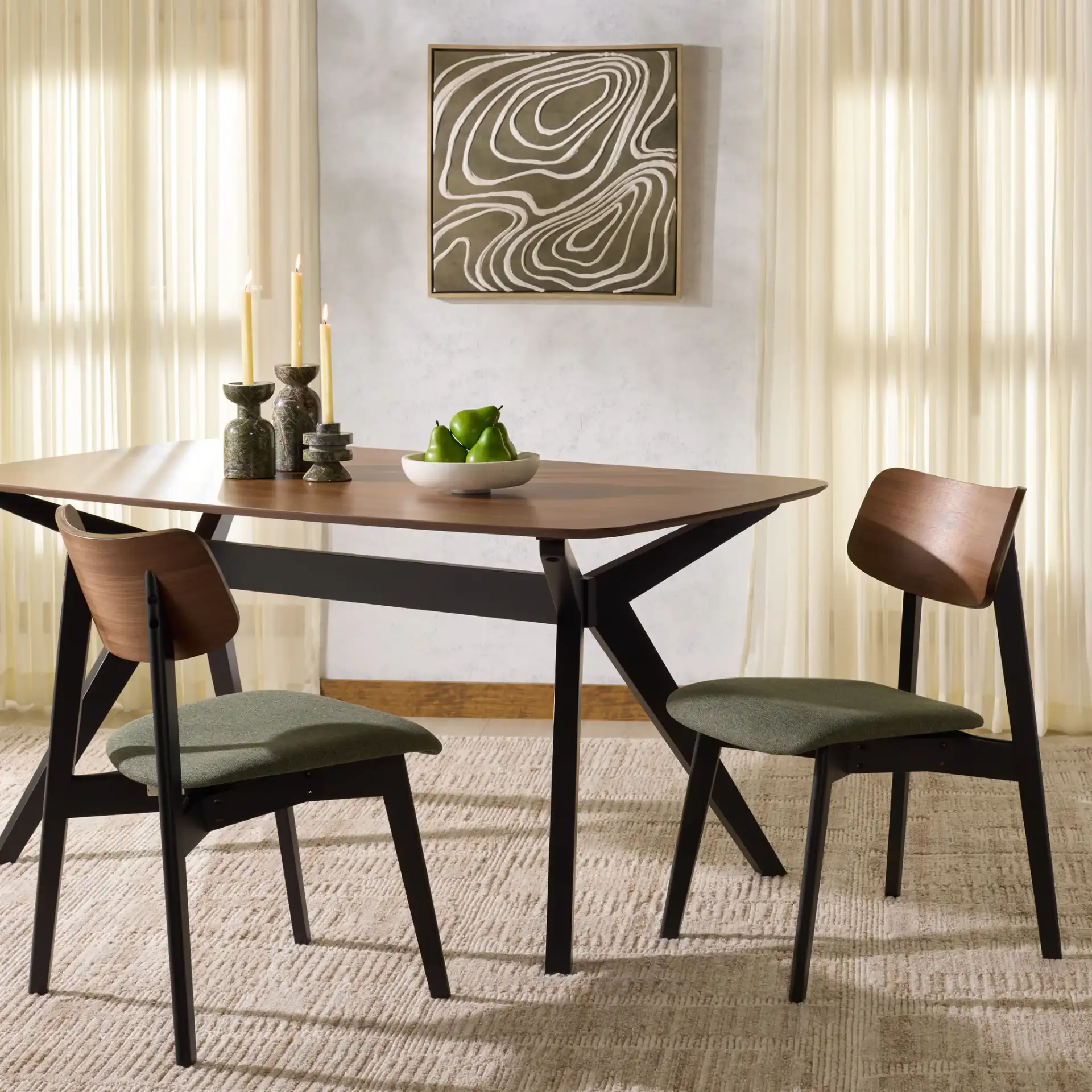 Divya Wood Dining Chair (Set of 2) in Walnut / Light Gray in a styled room
