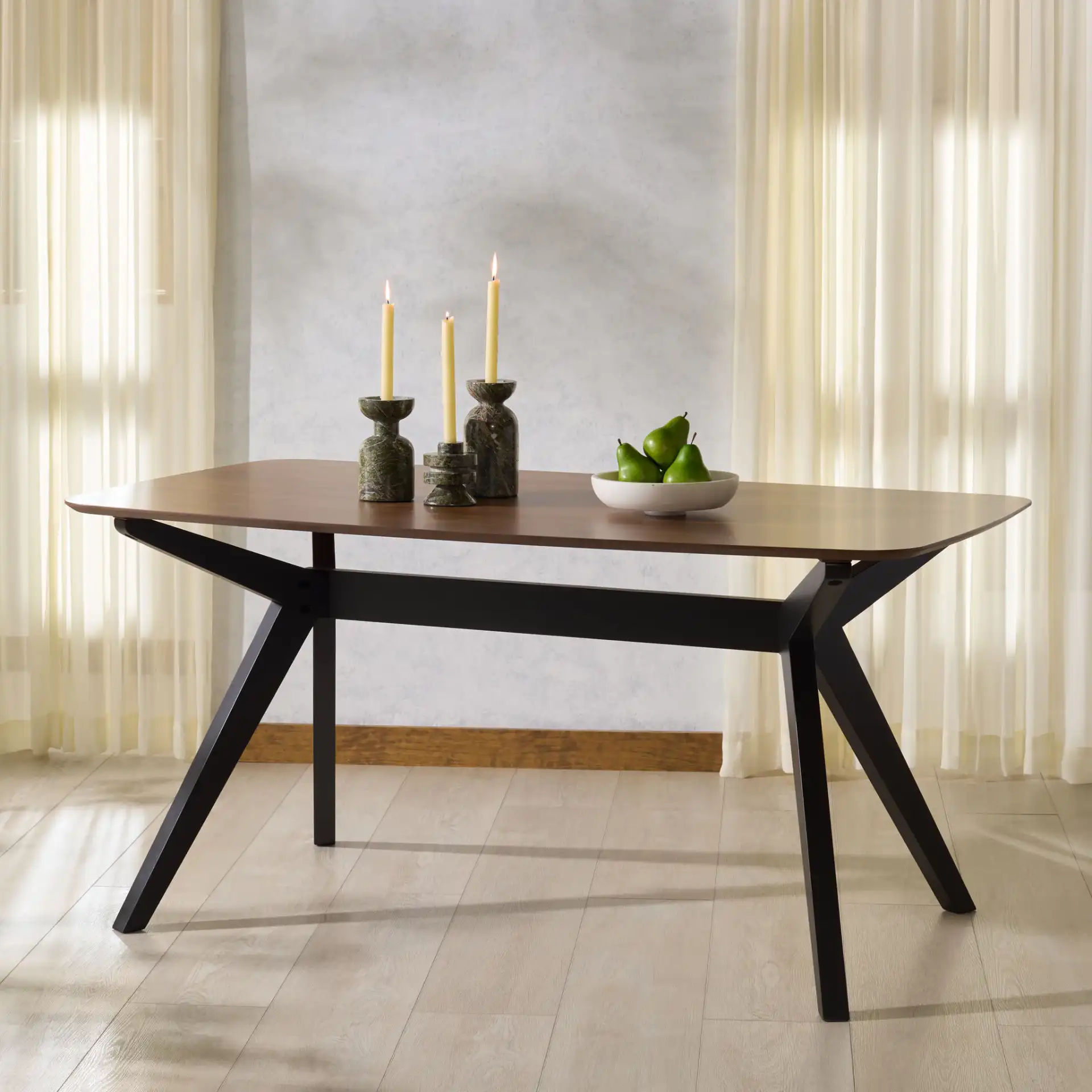 Divya Rectangular Wood Dining Table in Walnut / Black in a styled room